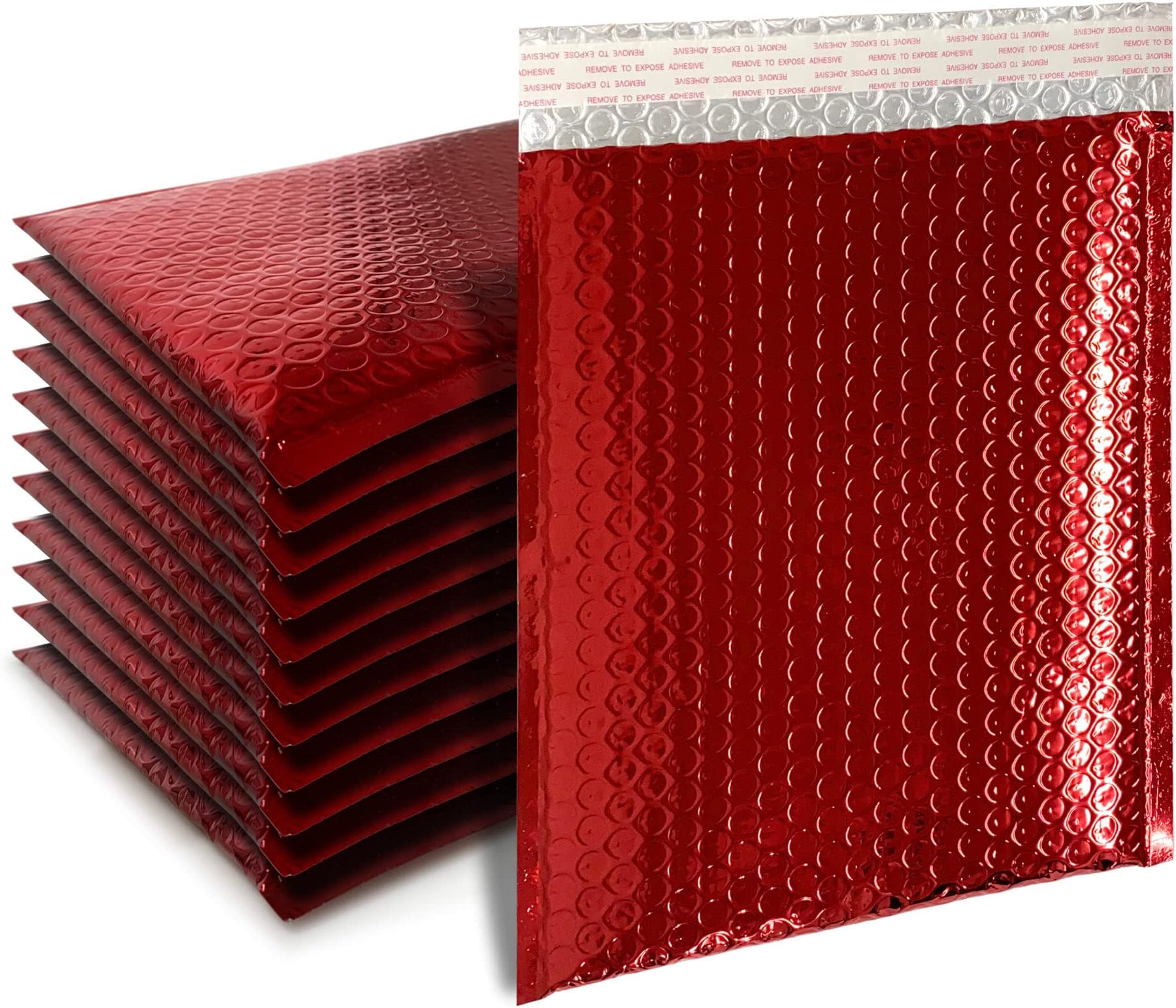 Pack of 25, 8.5x12 Red color Metalized Thermal Insulated Mailer Envelopes, reflective foil, strong cushiony bubble padding inside, Self-Sealing, and completely opaque, useful size 8.5x11 (8.5"x11")