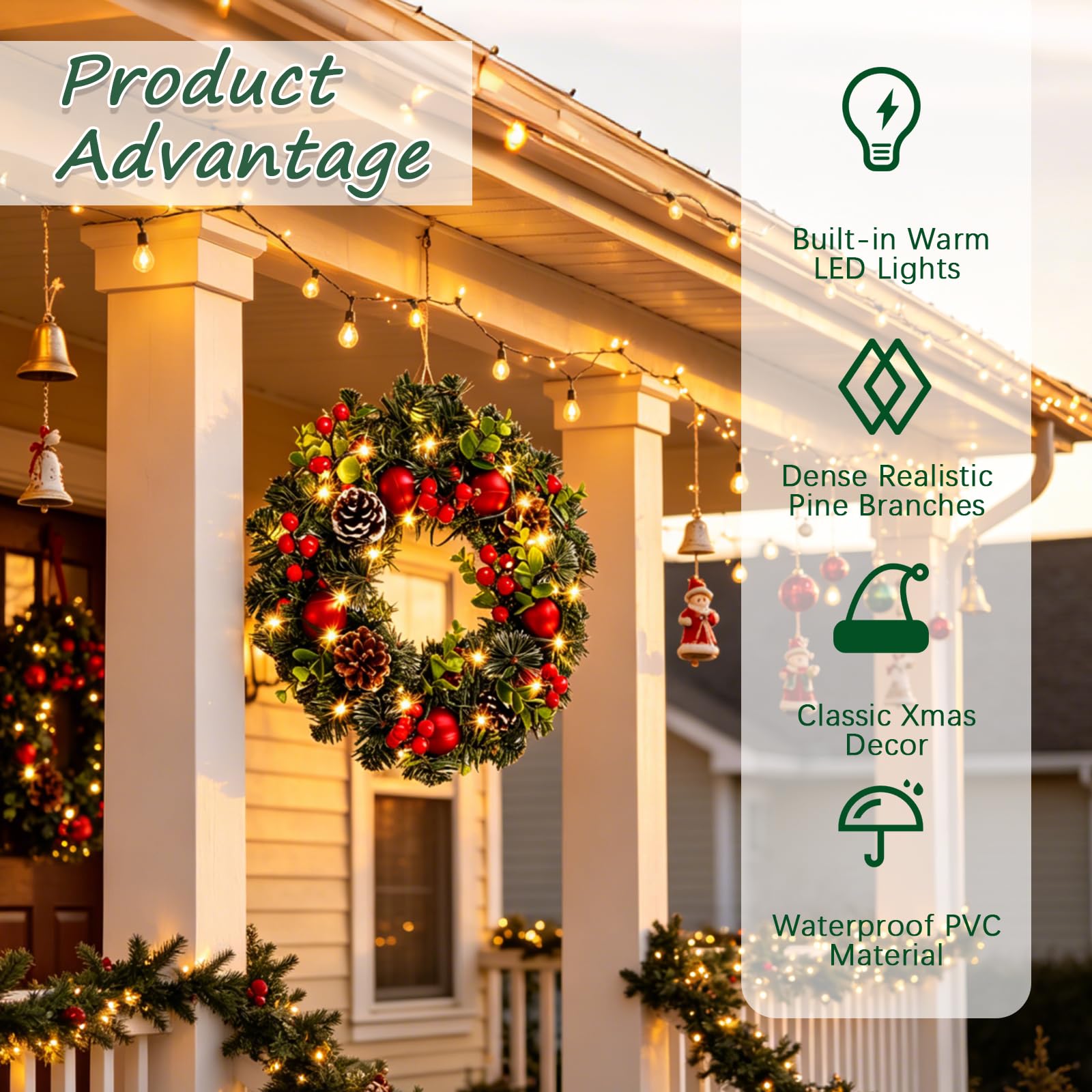Couronnes De Noël, 40CM Couronne Porte Noel Artificielles pour Porte Ornée De 30 LED Couronne De L'avent DéCoration Murale Cheminée pour Les Fêtes De Noël Et Les Réceptions à La Maison