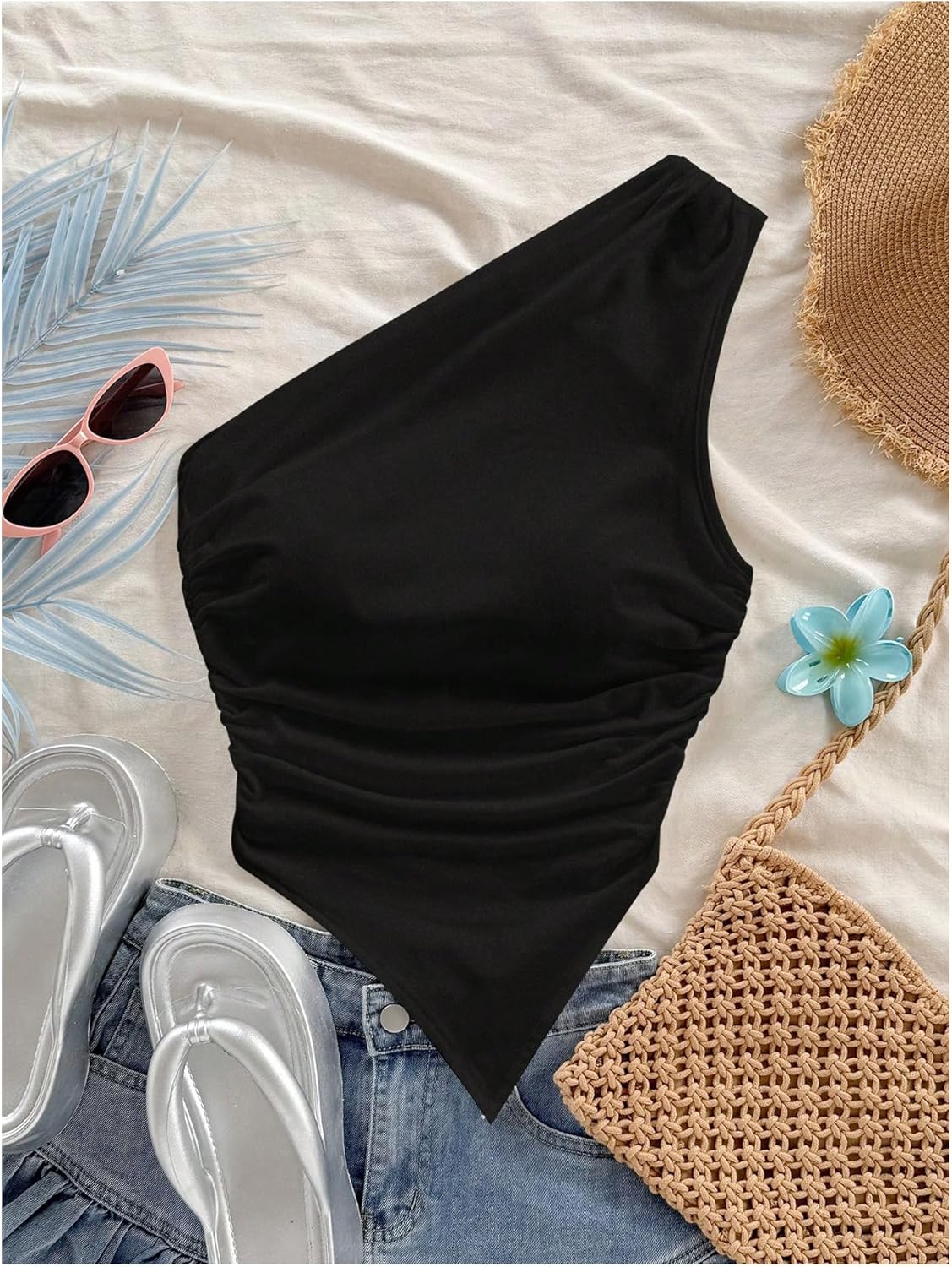 Women's One Shoulder Ruched Tops Summer Sleeveless Asymmetrical Going Out Tank Top - Image 2