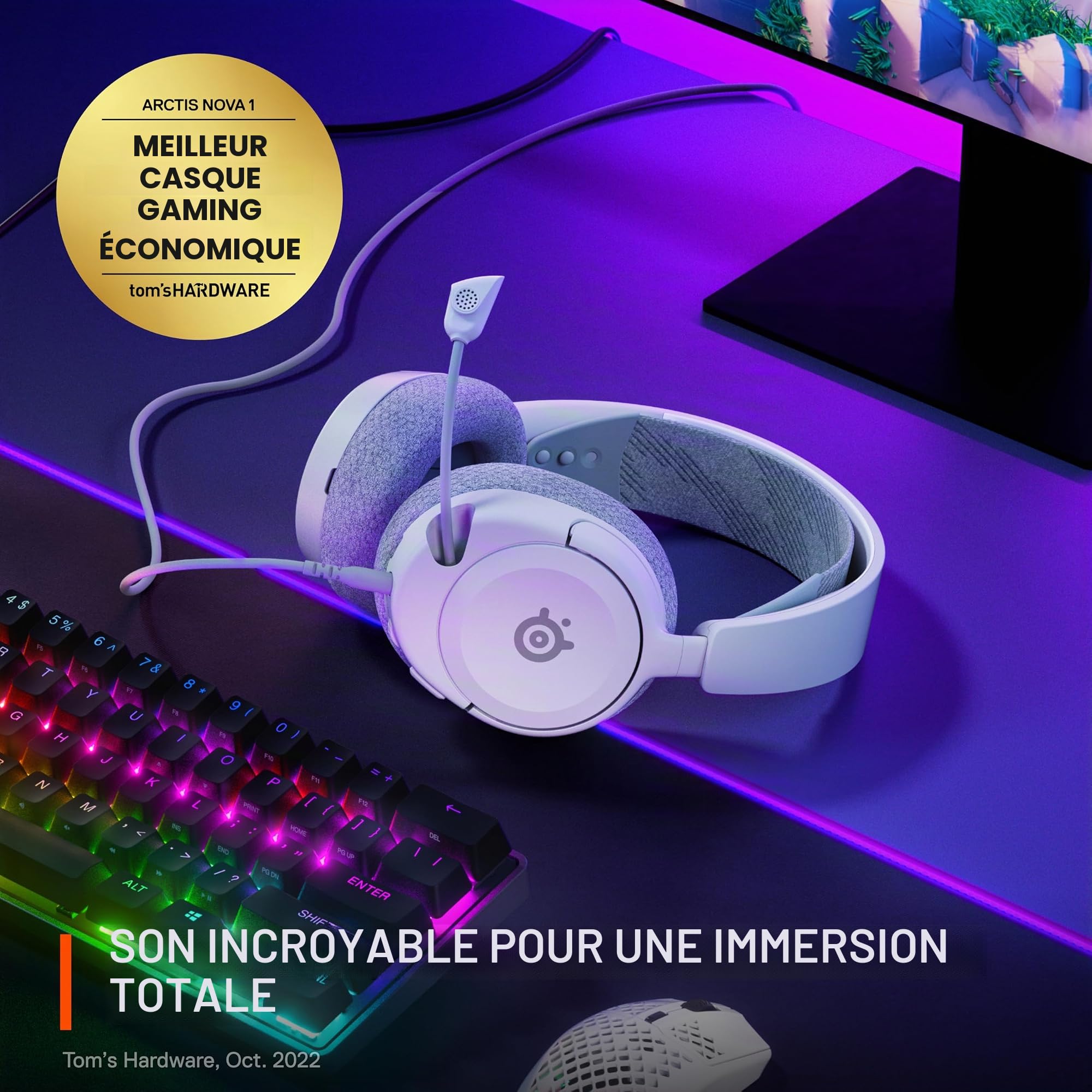 SteelSeries Arctis Nova 1 Casque de Jeu Multi-systèmes — Pilotes Hi-FI — Audio Spatial à 360° — Design Confortable — Durable — Ultra léger — Microphone antibruit — PC, PS5/PS4, Switch, Xbox – Blanc