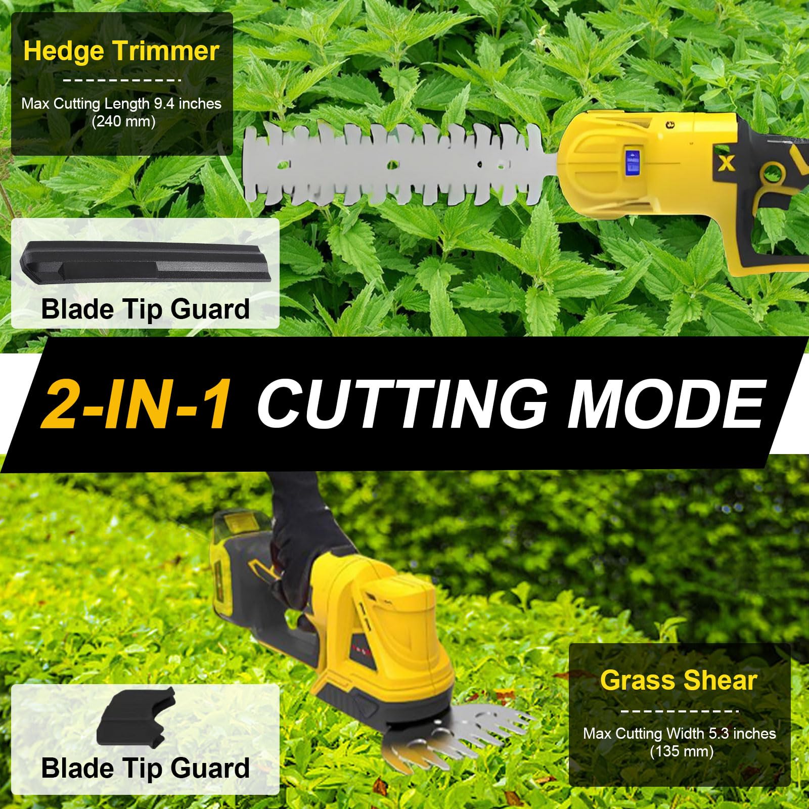 2 in 1 Akku-Heckenschere Grasschere Kompatibel mit Dewalt 20V Akku, Handgrasschneider Buschschneider Grasschere Elektrischer Rasentrimmer mit 2 Klingen für Hofgarten, Strauch, Rasen