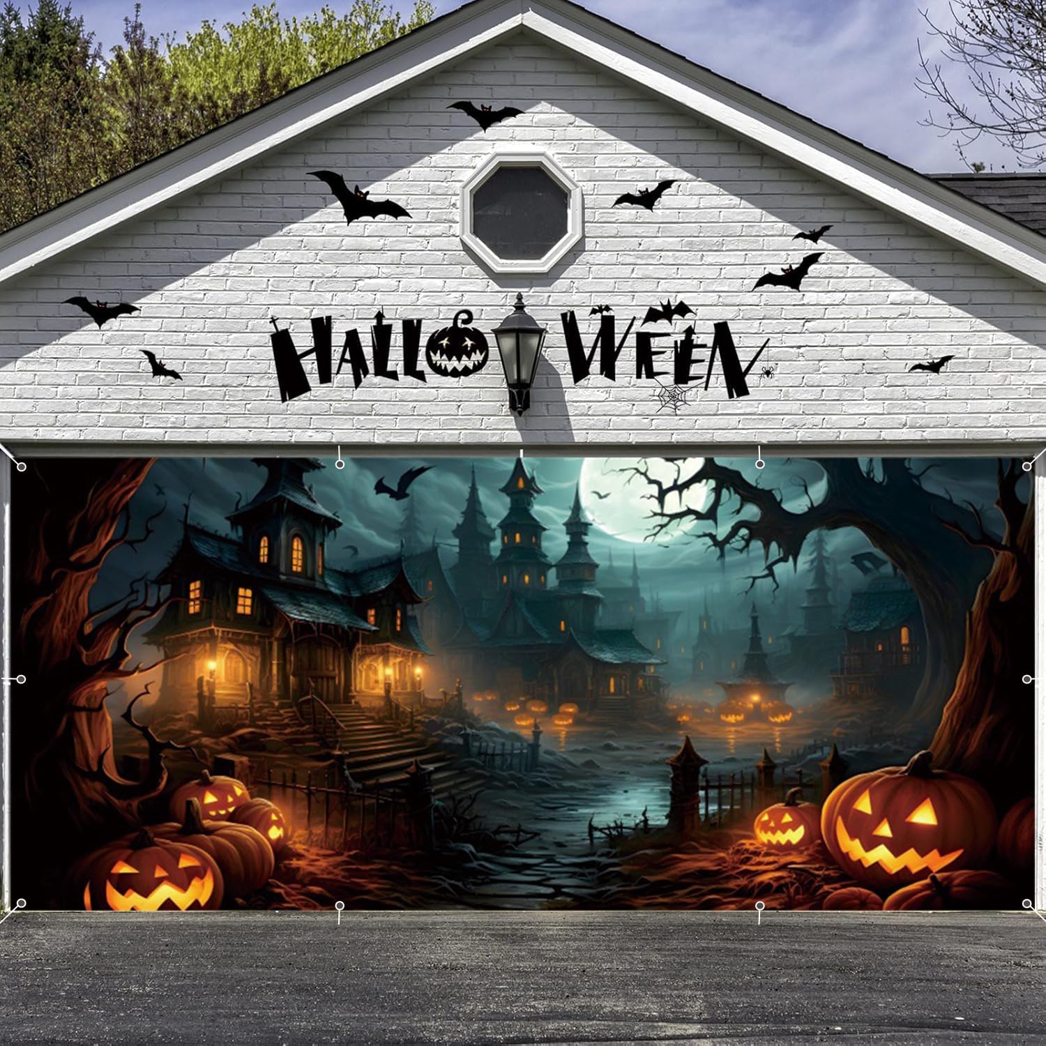 Halloween Garage Door Cover Decorations Banner,Scary Halloween Backdrop Banner,Large Hanging 2 Car Garage Door Cover,Horror Forest Spooky Castle Backdrop Wall Decor for Outdoor Holiday Decorations 7x16ft