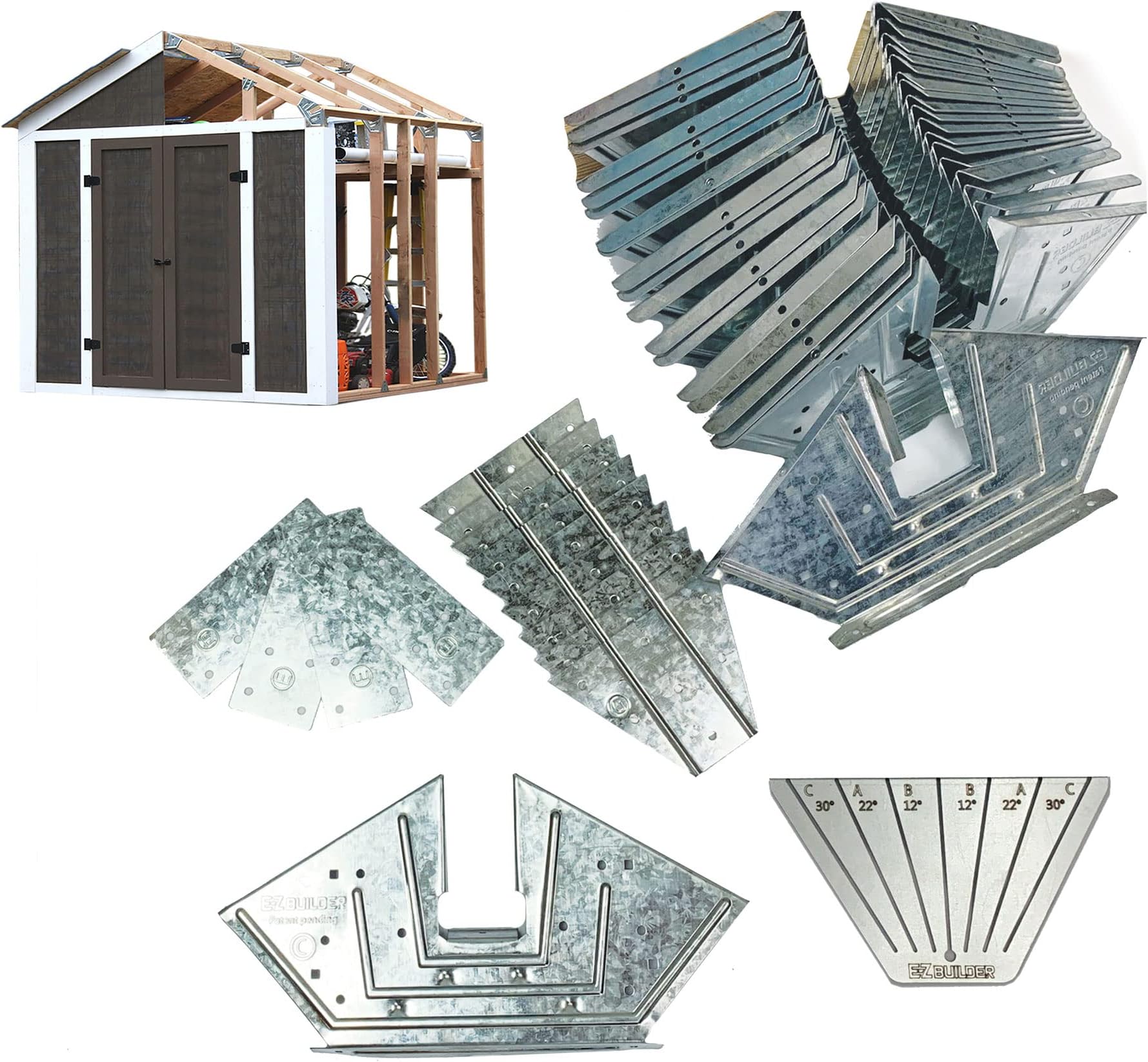 EZ Shed BUILDER 7 x 8 Foot Peak Roof Storage Garage Barn DIY Framing Kit with 24 Galvanized Steel Angles and 12 Base Plates (No Wood Included)