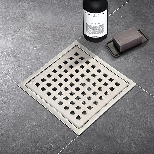 Miniatura 10 de Juego de 2 drenajes cuadrados de ducha de 6 pulgadas con rejilla cuadrada extraíble, acero inoxidable 304, incluye base de drenaje con filtro