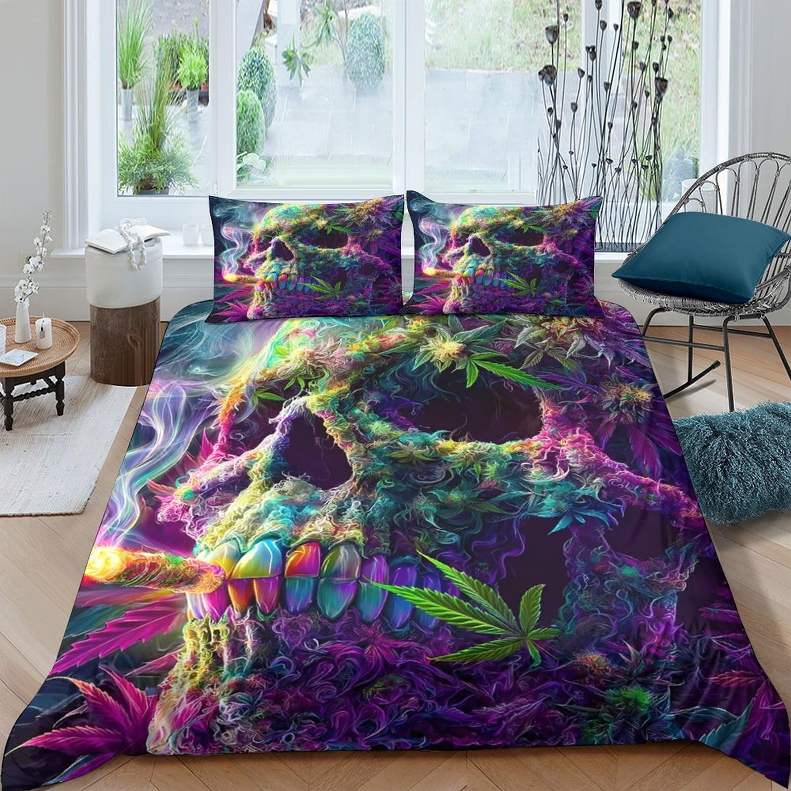Ctjqhvkz Style-2 3D Printed Neon Skull Fitted Sheet Microfiber Soft Anti-Slip Psychedelic Leaf Mattress Cover For Bedroom Decor Single（135X200cm）