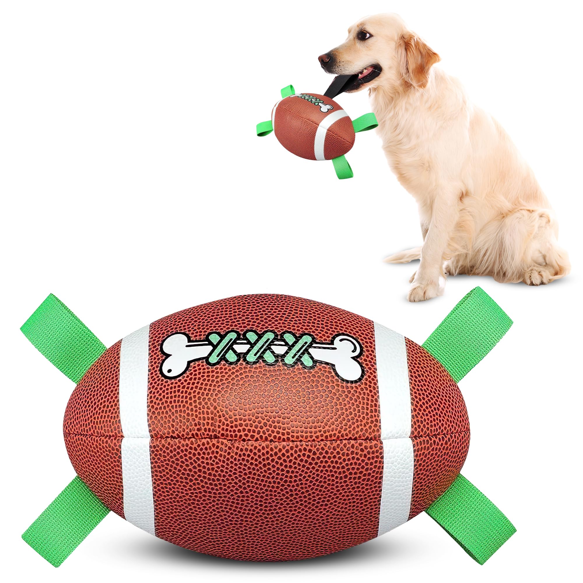 SANDA - Balón de fútbol para perros, pelota de rugby para perros con diseño de hueso, juguetes interactivos para perros con etiquetas de agarre, pelota indestructible para perros de tira y afloja,