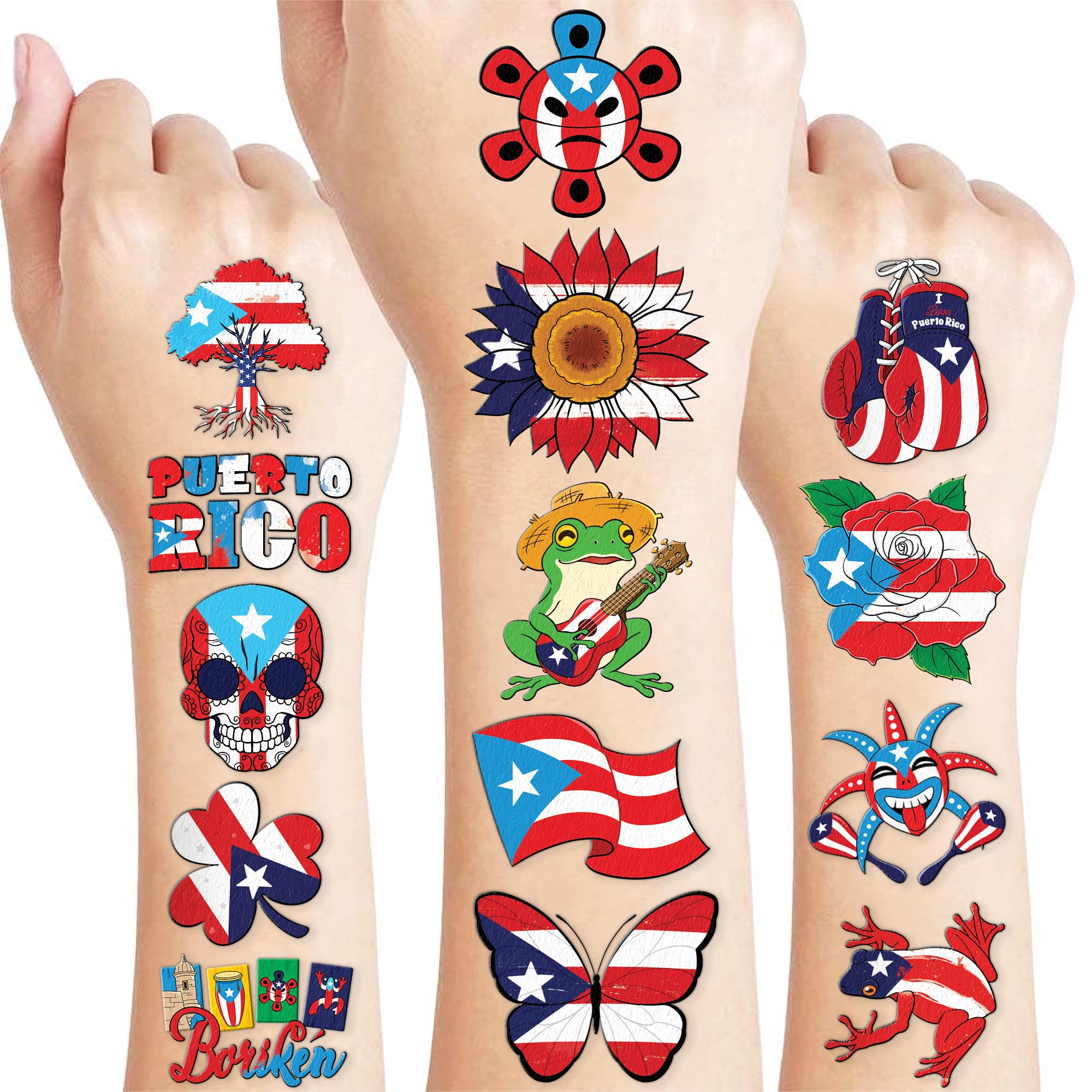96 PCS Puerto Rico PR Puerto Rican Flag Pre-Cut Temporary Tattoos for Kids | Super Cute Themed Birthday Party Favors, Supplies, Decorations, Fake