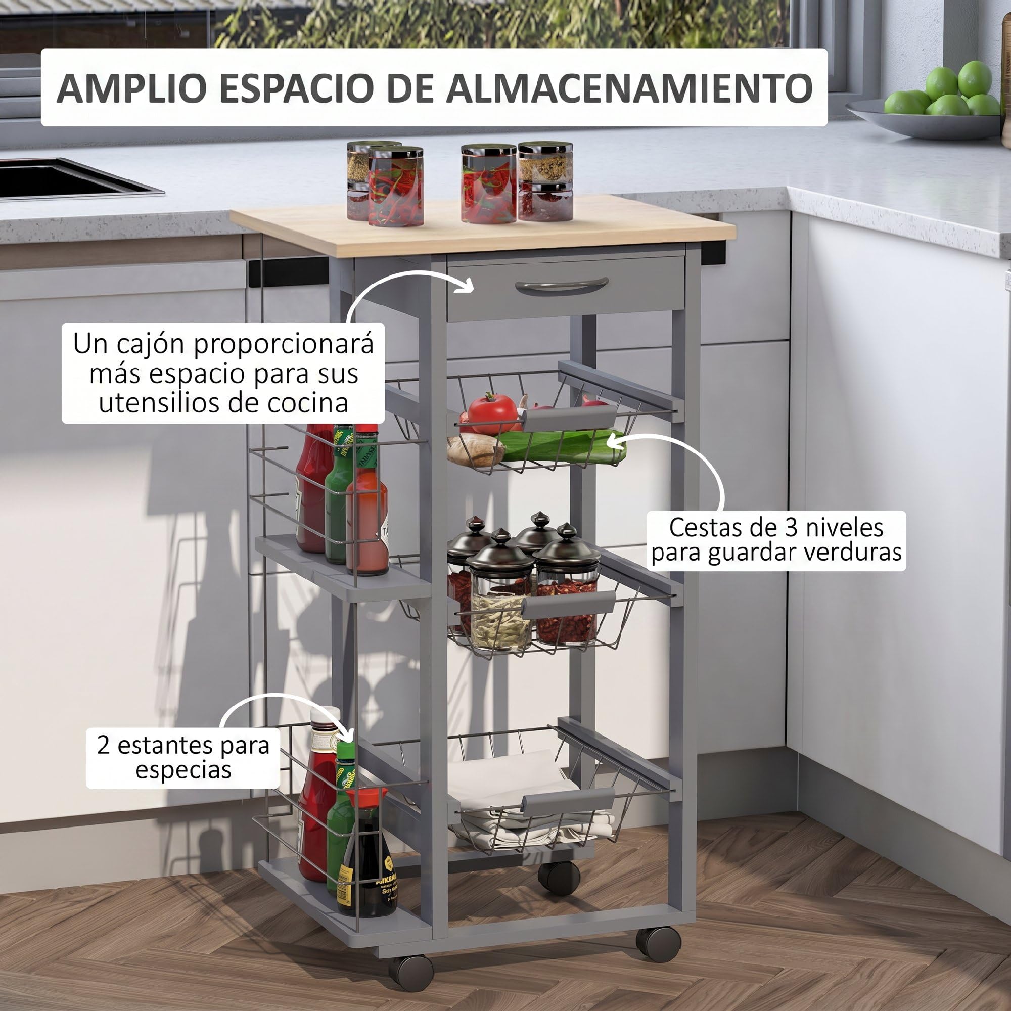 HOMCOM Carrito Auxiliar con Ruedas, 3 Cestas Metálicas, 47x37x83 cm, Gris | Carrito de Cocina, Cajón, 2 Especieros, Estructura de Madera de Pino, para Verduras y Frutas, para Comedor