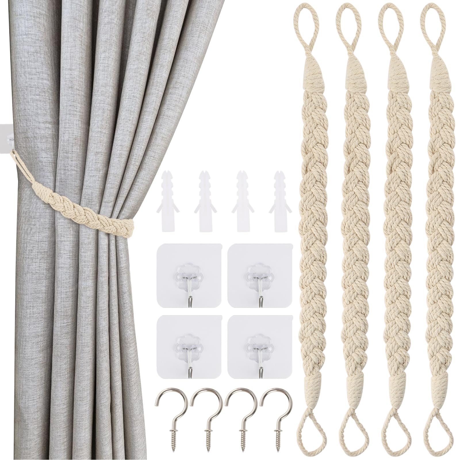 Lot De 4 Embrasses De Rideaux Tricotées à La Main Beige - Attaches Rideaux Style Bohème Vintage