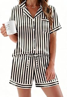 Ekouaer Silk Pajamas for Women Button Up 2 Piece Satin Pjs Shorts Set | Short Sleeve Notch Collar Lounge Set,Sweet Cute Striped Printed,Ideal for Sleep,Wedding,Bridal Gifts,Pajamas Party,Nursing