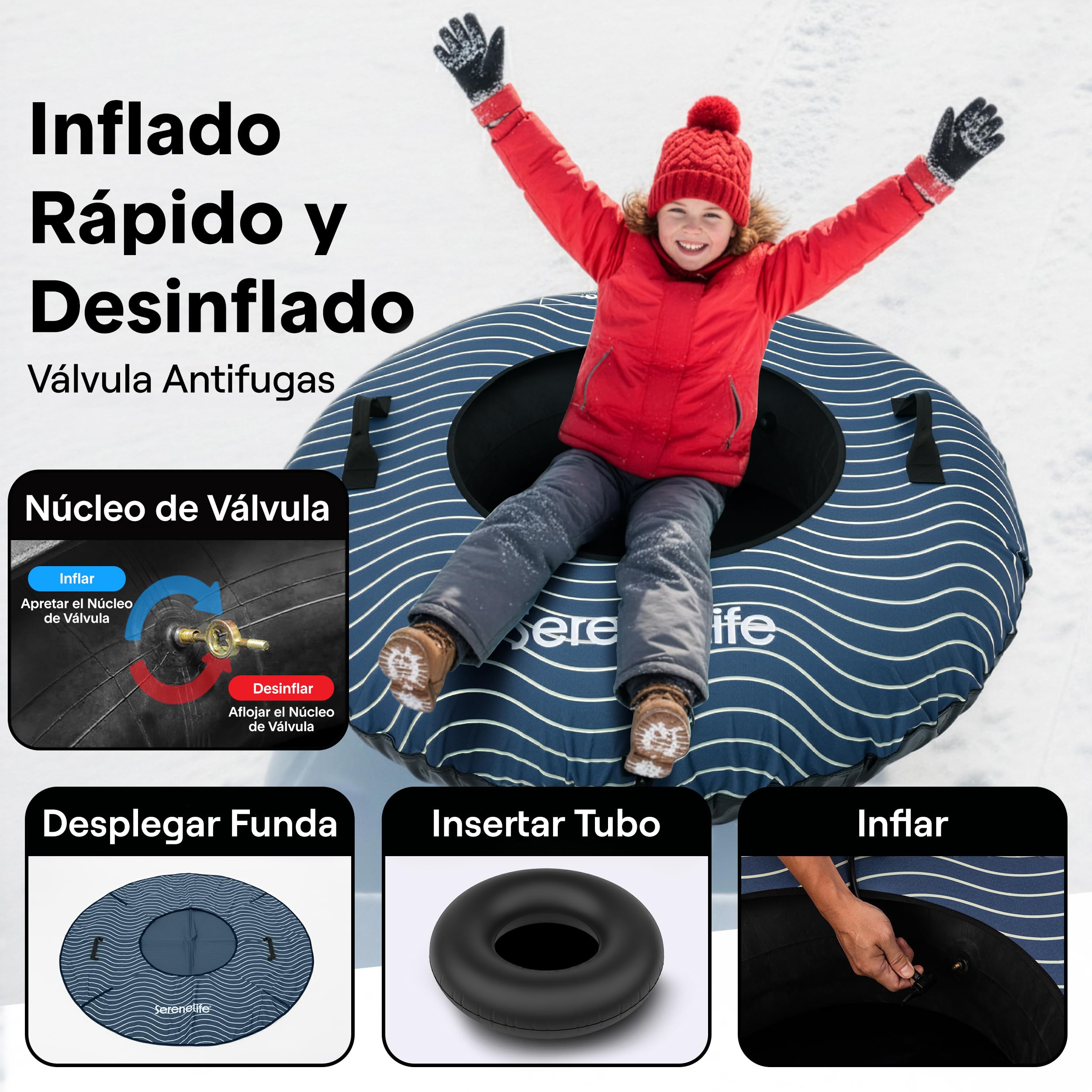 SereneLife Snowtube 101/112/122 cm Trineo Inflable para Niños y Adultos con Base de Plástico Resistente