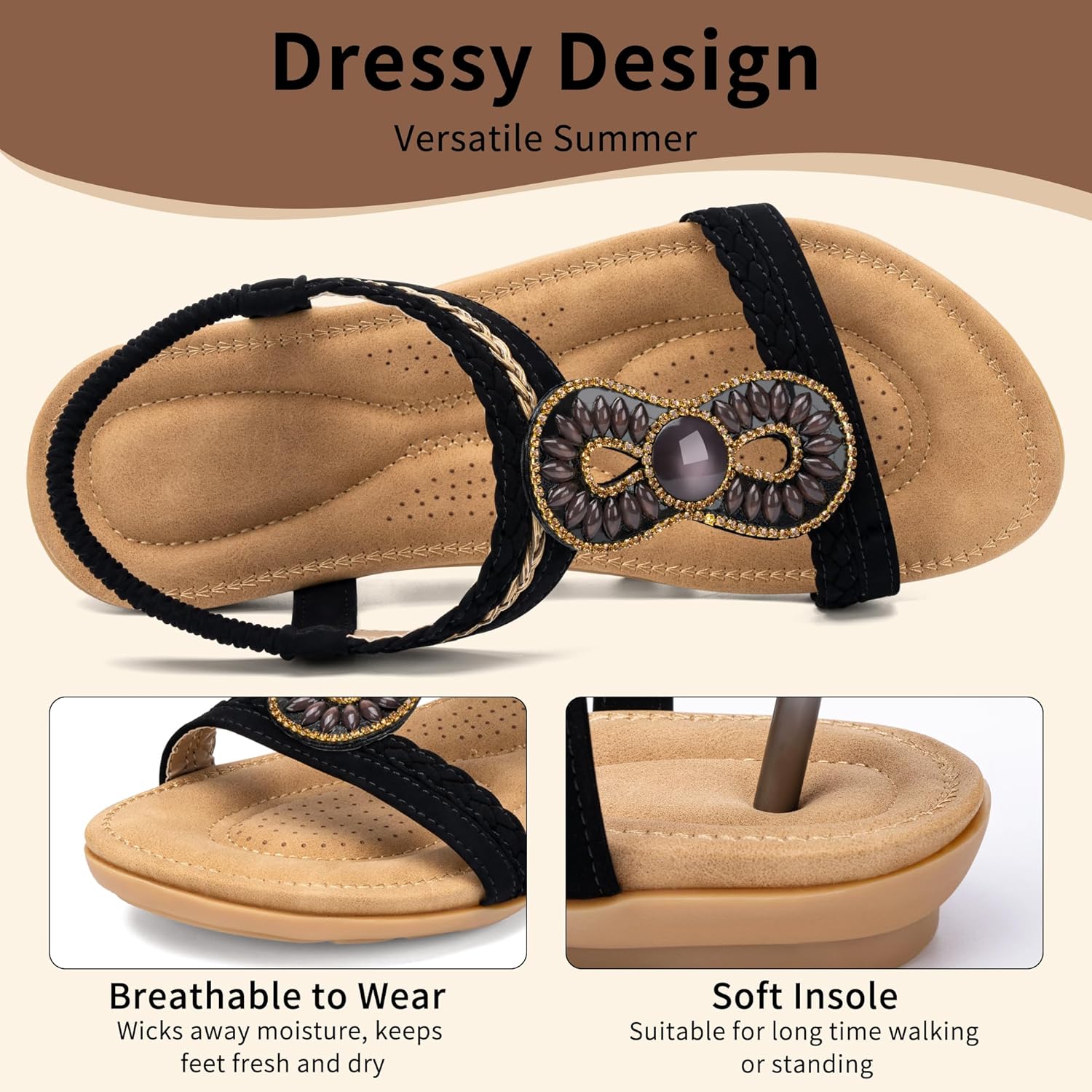 Sandals Women Summer Dressy Ankle Elastic Jeweled Bohemian Flats Comfortable Sandals for Walking