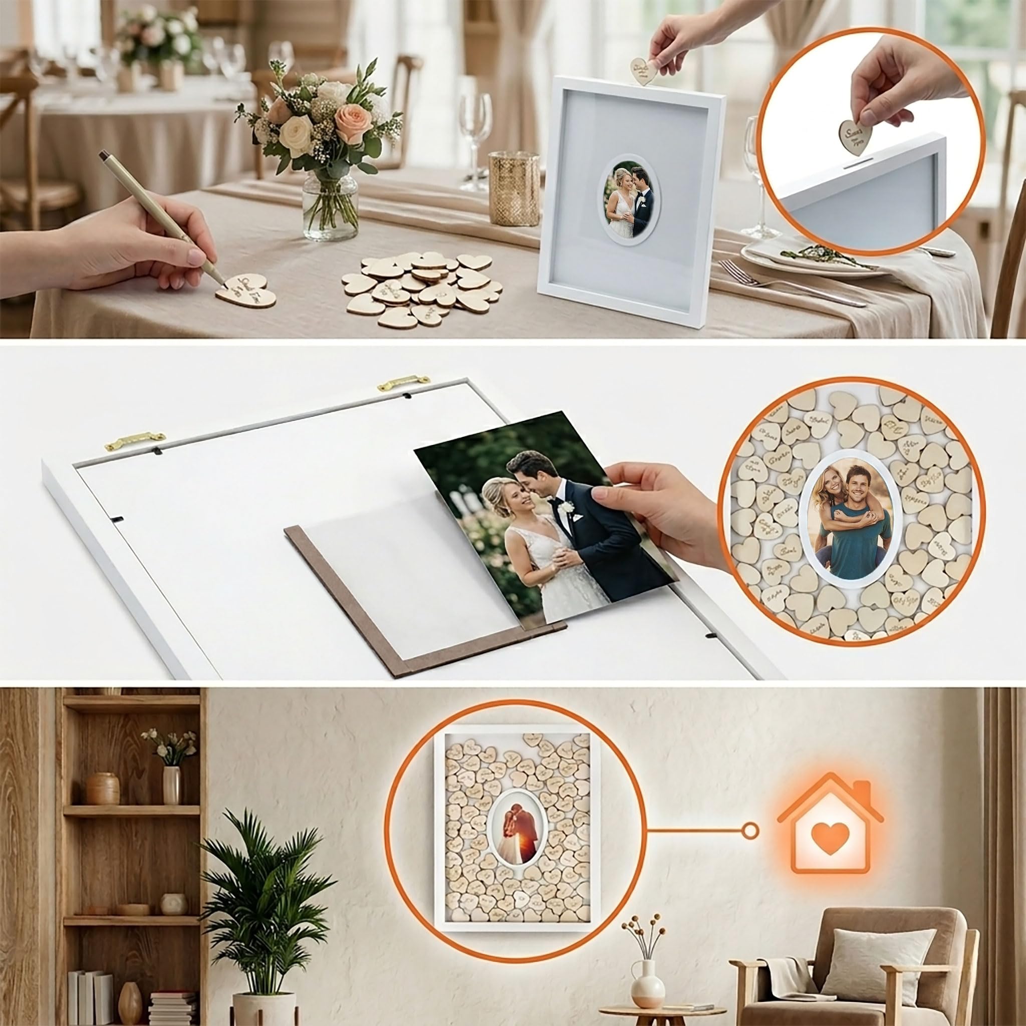 Livre d'or Spetebo avec cadre photo et 72 cœurs en bois sur lesquels écrire - Idéal pour un mariage