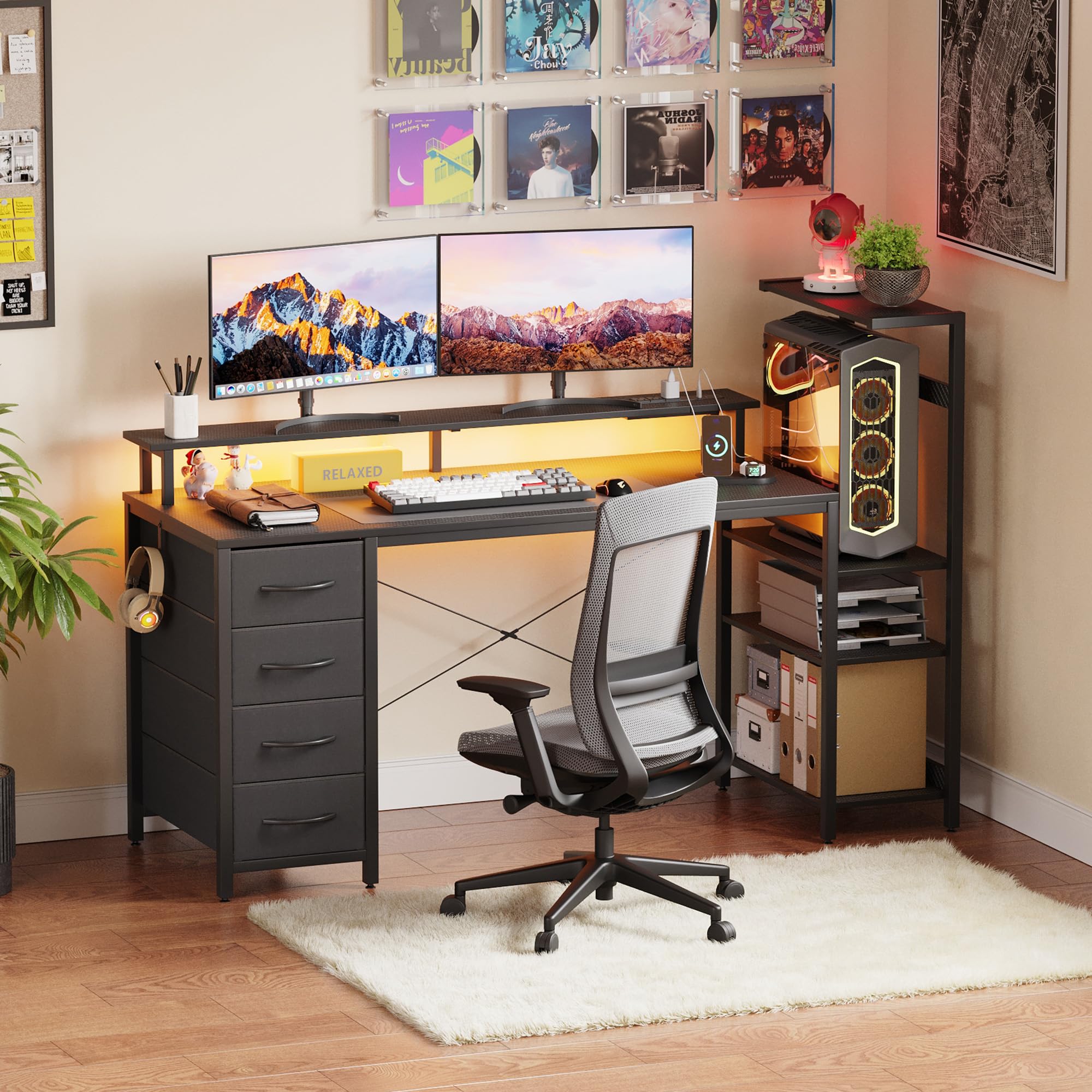 YOUDENOVA Biurko do gier z 4 szufladami z tkaniny, 150 x 48 cm, obustronne, z diodami LED i gniazdem, biurko z podporą na monitor, złącze USB, biurko do komputera do domu, biura i
