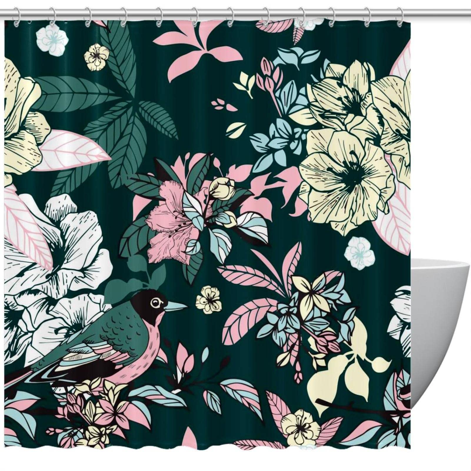 Rideau de douche fleurs et oiseaux colorés pour sublimer votre baignoire de taille standard