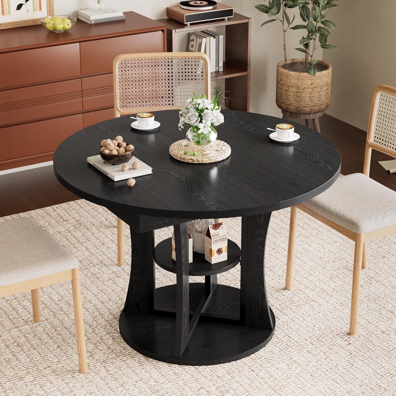 Round Dining Table for 4-8, 43.3in-59in Extendable Kitchen Oval Dining Table with Removable Leaves, Modern Space Saving Kitchen Table with Storage Shelf for Kitchen Living Room, Black