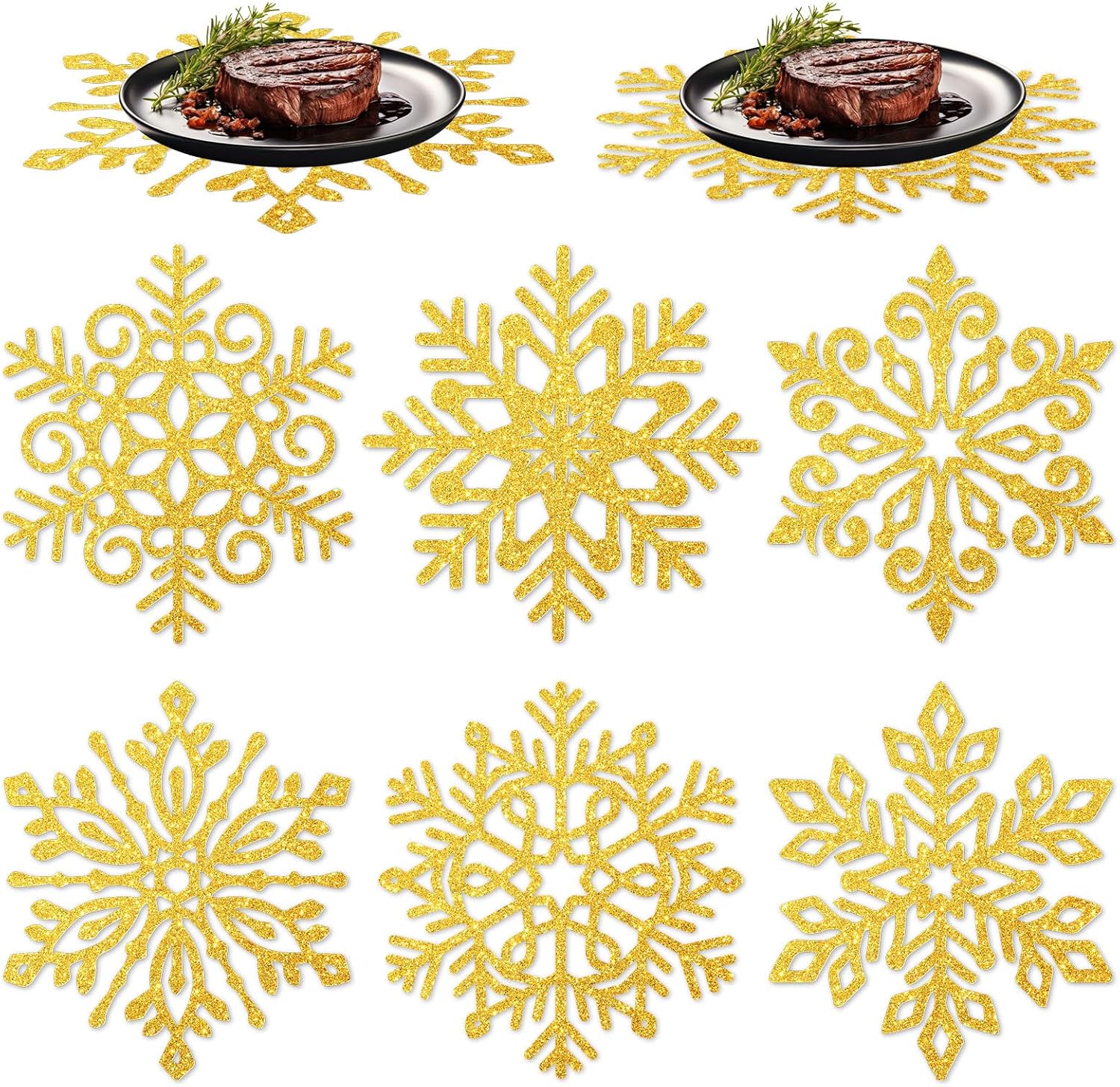JarThenaAMCS 60Pcs Christmas Snowflake Paper Placemat Disposable Gold Glitter Snowflake Shaped Dining Table Setting for Winter Xmas Holiday Wedding Birthday Party Kitchen