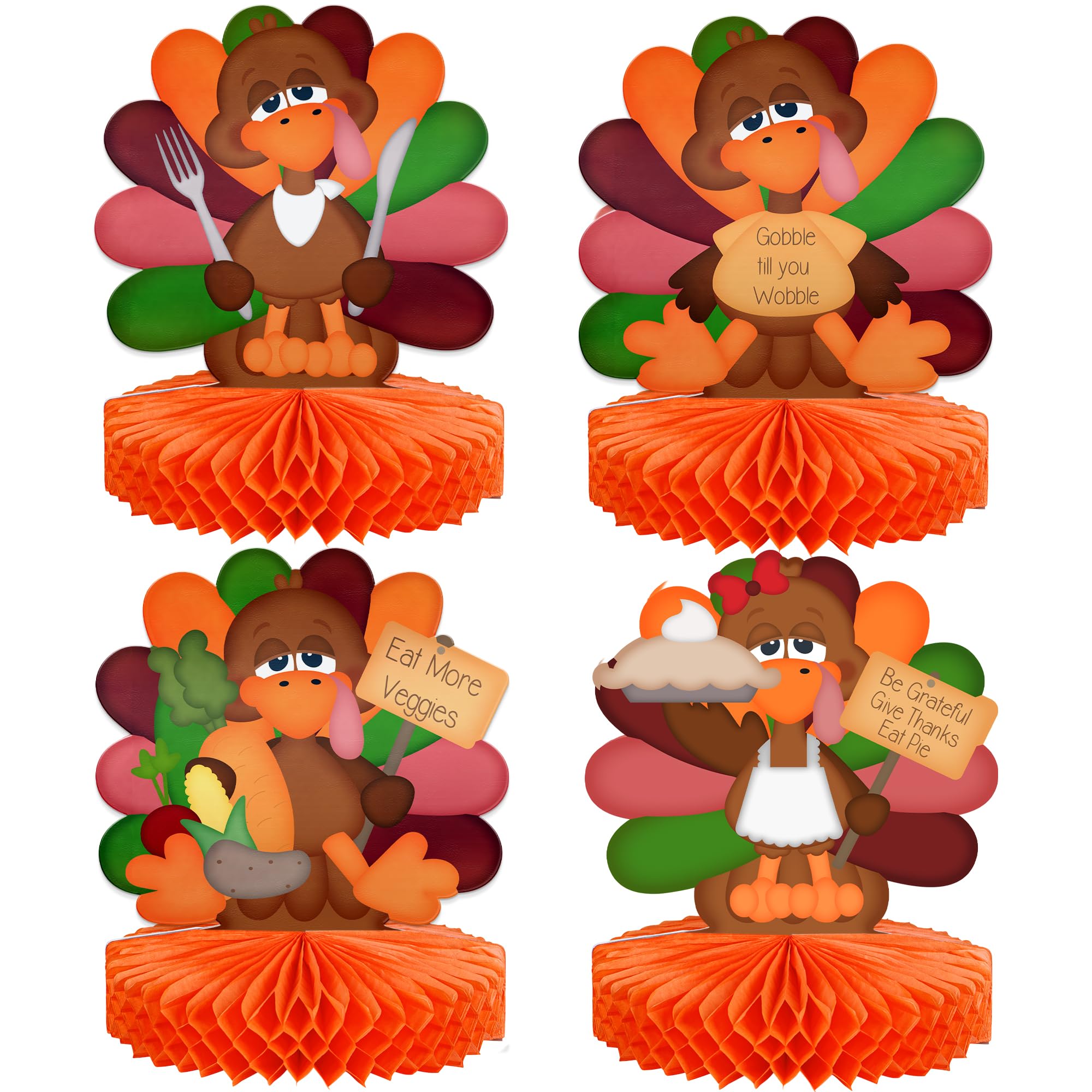 Thanksgiving Centerpieces for Tables - 4 Pieces, Each 12 Inch Large - Table Centerpiece - Double Sided Turkey, 3D Honeycomb Event Decor - Fall Home Party Decorations for Dining Tabletop by PixiPy