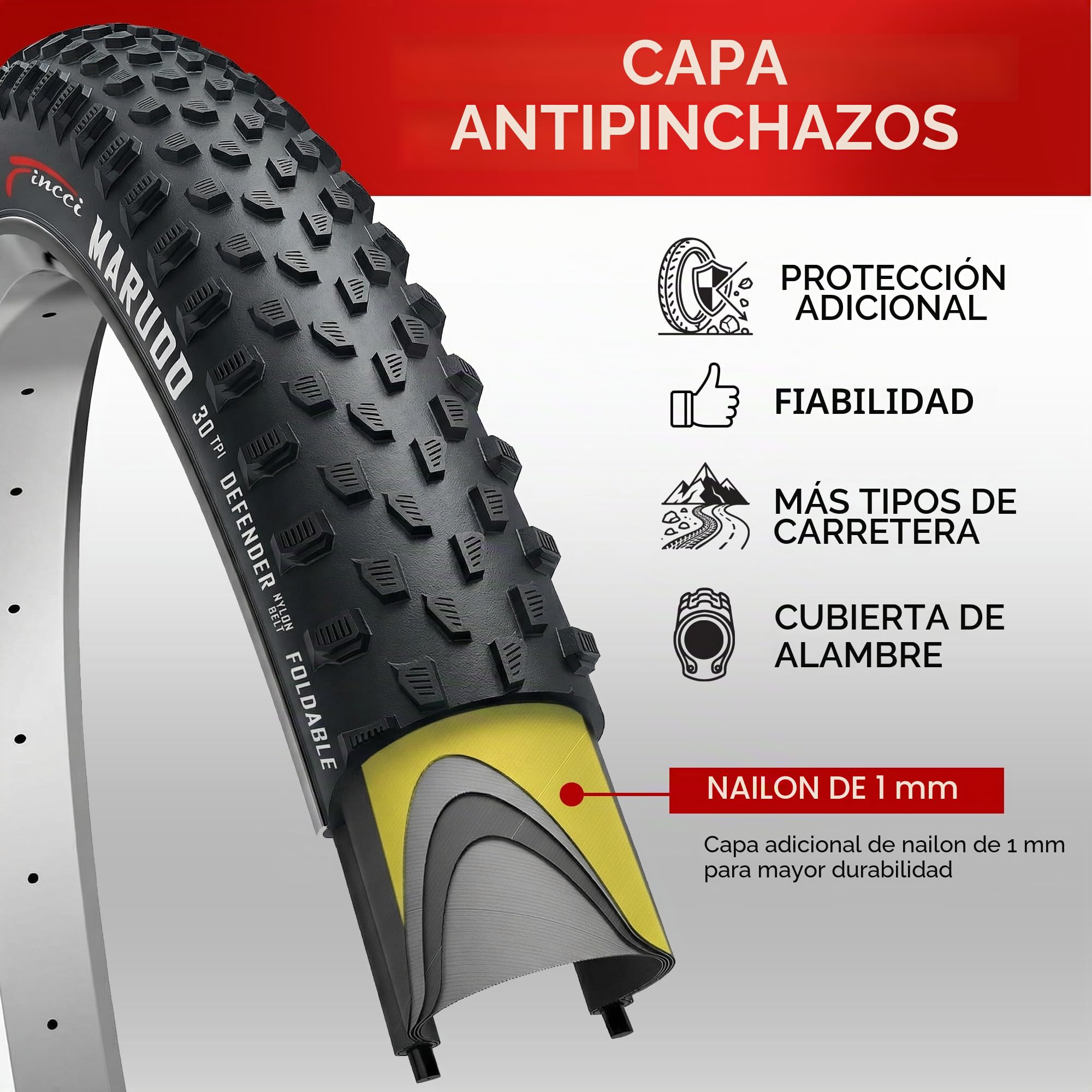 Fincci Cubiertas MTB 29 x 2.1 Pulgadas con 2X Camara de Aire 52-622 - Neumáticos Plegable 29 con 1mm Antipinchazos para Adulto, Gravel, Montaña, Eléctrica, Mountain Bike y Bicicleta Carretera