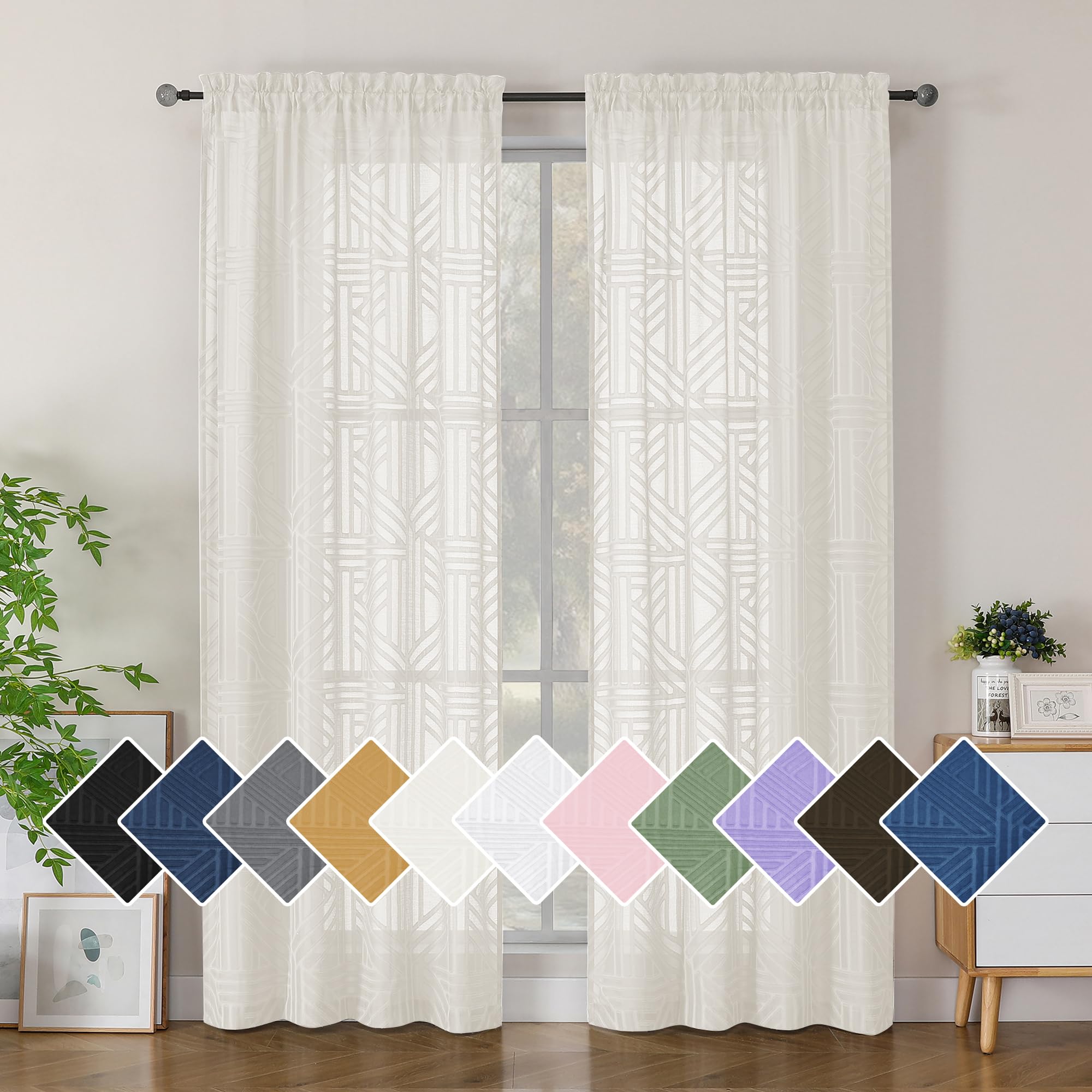 Simplebrand Ivory Semi Sheer Curtains 84 Inches Long 2 Panels, Light Filtering Geometric Jacquard Clip Textured Sheer Curtains for Bedroom，Modern