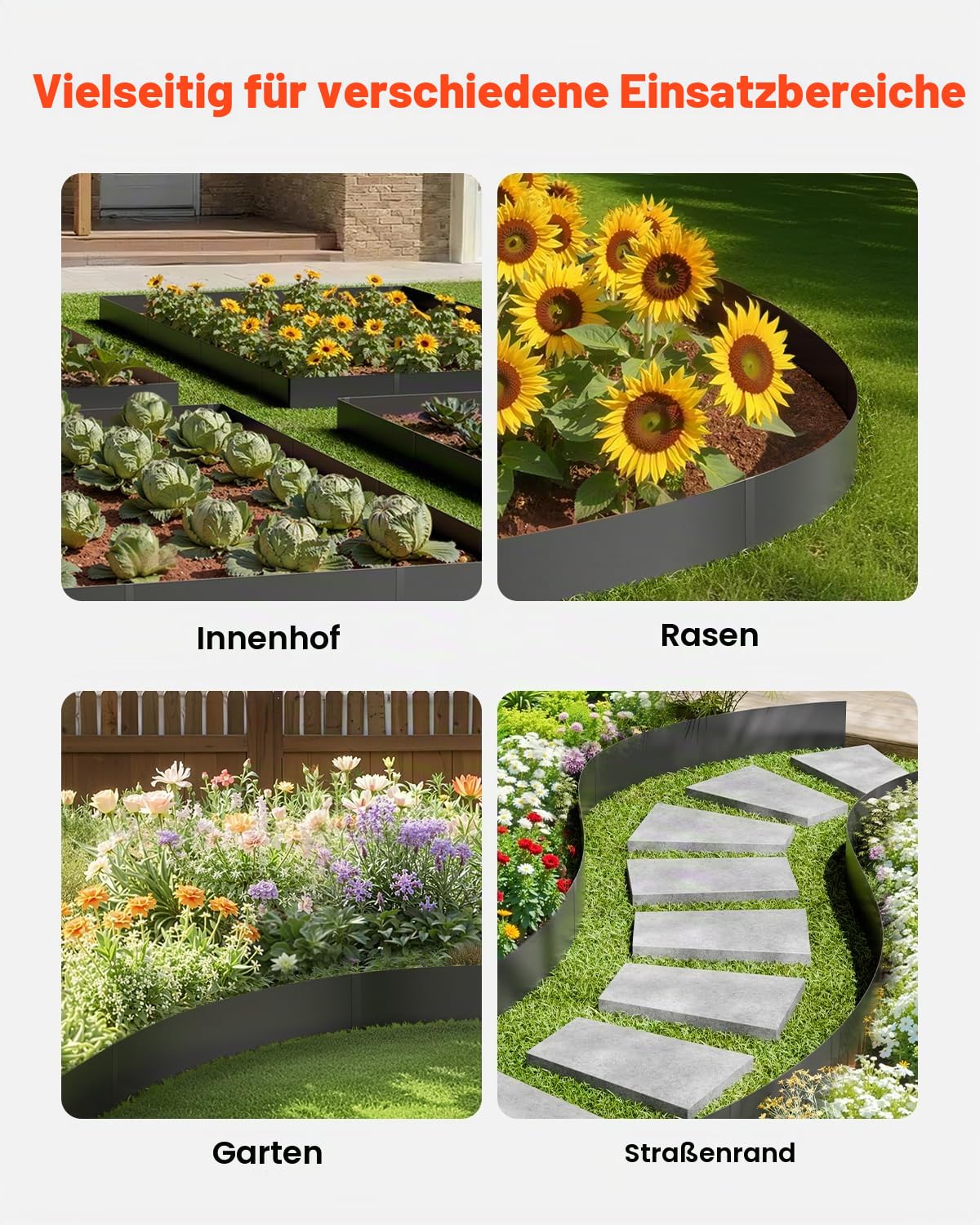 VEVOR Rasenkante, 4er-Set, 1016x304,8x1,5 mm, rostbeständige Beeteinfassung aus Metall, Beetumrandung, Raseneinfassung, Trennwand für Blumenbeete, Hofwege schwarz