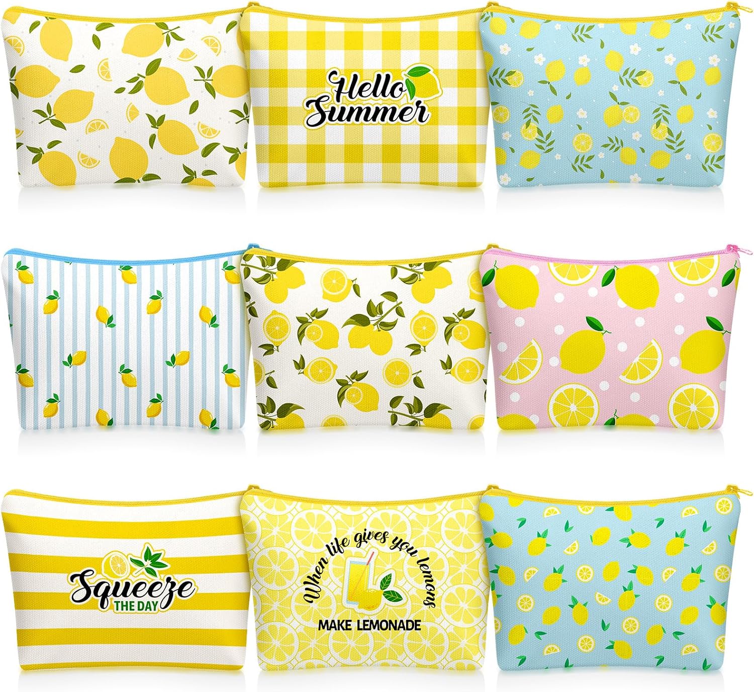 Tallew 9 Pcs Lemon Makeup Bags for Women Lemon Themed Gifts Cosmetic Bag Purse Summer Travel Organizer Zipper Pouch Survival Kit for Women Sister Friend Fruit Lover Birthday Gifts