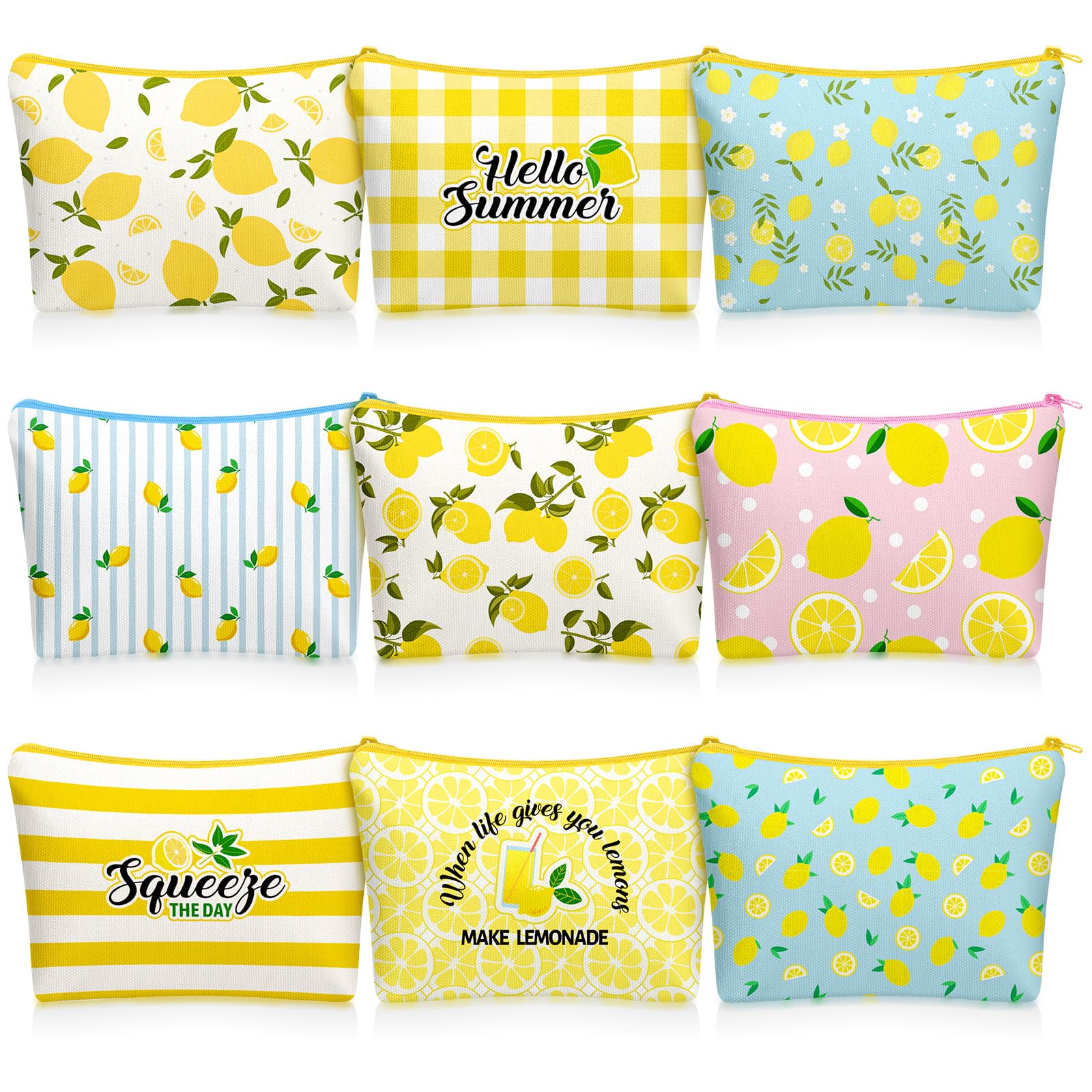 Tallew 9 Pcs Lemon Makeup Bags for Women Lemon Themed Gifts Cosmetic Bag Purse Summer Travel Organizer Zipper Pouch Survival Kit for Women Sister Friend Fruit Lover Birthday Gifts