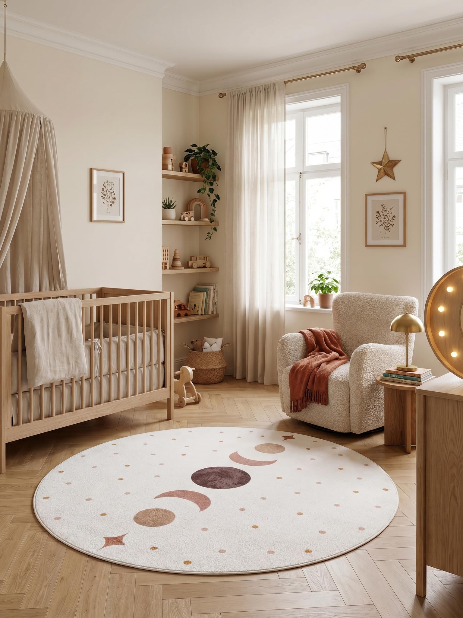 Kinderteppich Mondphasen Waschbar Maschinenwaschbar Spielteppich Jungen Mädchen Kinderzimmer Schadstoffgeprüft Kurzflor Rund Creme 200x200 Oeko-TEX | Tino