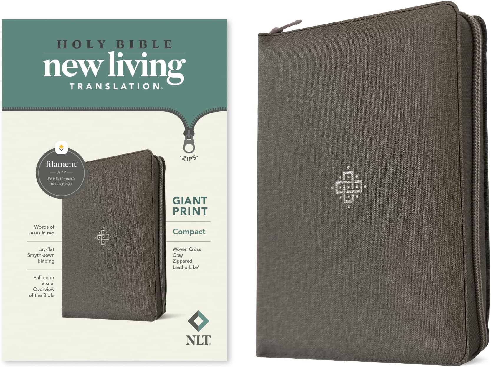 NLT Compact Giant Print Zipper Bible, Filament-Enabled Edition, Zipper (Red Letter, Leatherlike, Woven Cross Gray): New Living Translation, Woven ... Leatherlike, Giant Print, Compact, Filament