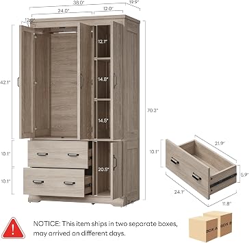LIKIMIO Wardrobe Closet, 70 Tall 4 Doors Large Wooden Closet with 2 Drawers, 3 Shelves Bedroom Armoire with Hanging Rod, Freestanding Storage Cabinet for Hanging Clothes, Light Oak