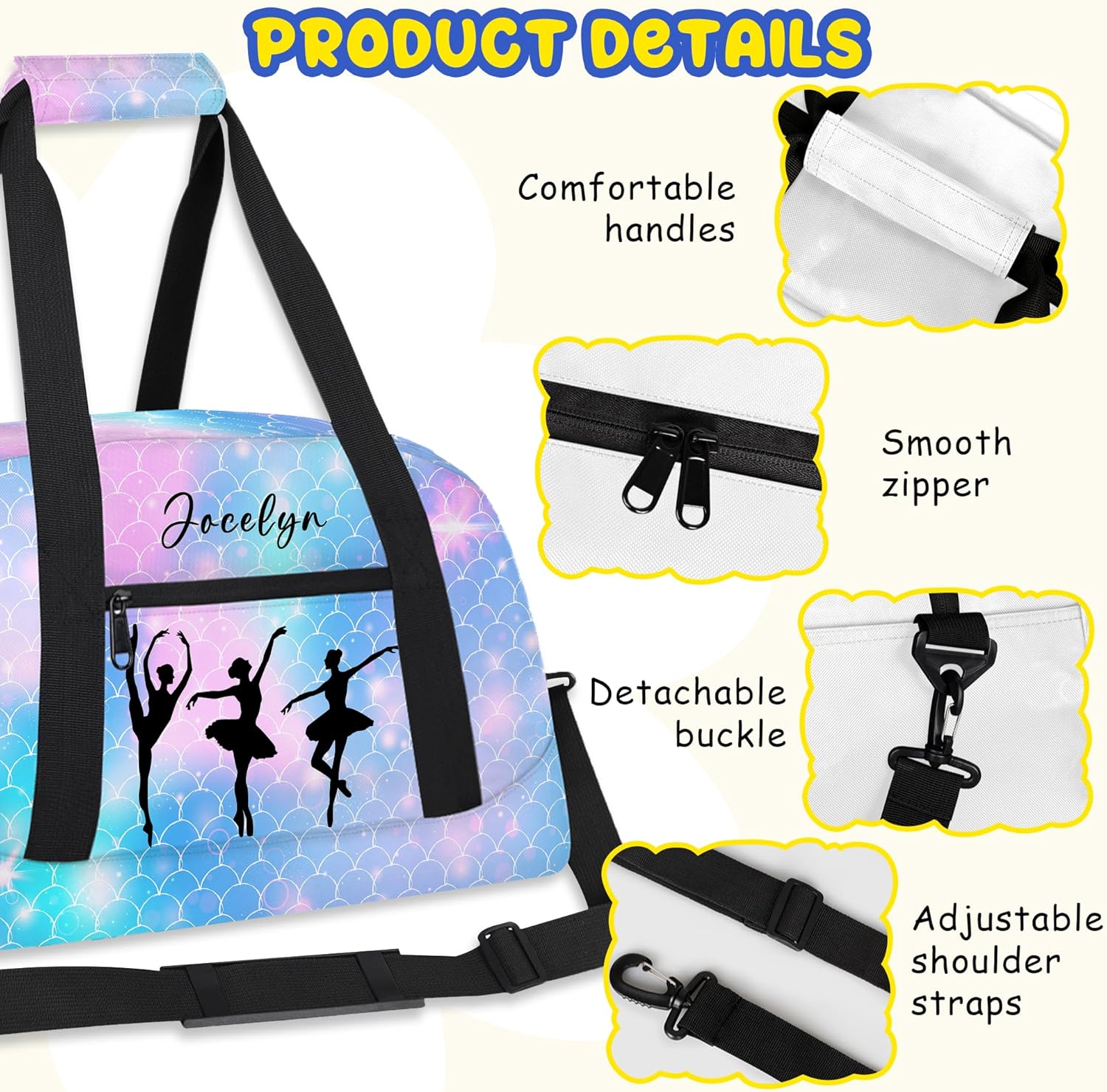 Custom Gym Bags for Girls with Name, Personalized Sports Dance Bag for Kids, Overnight Weekender Duffel Bags Workout Training, Travel Practice Gymnastics Bag, Pink Glitter, Shoe Compartment - Image 4