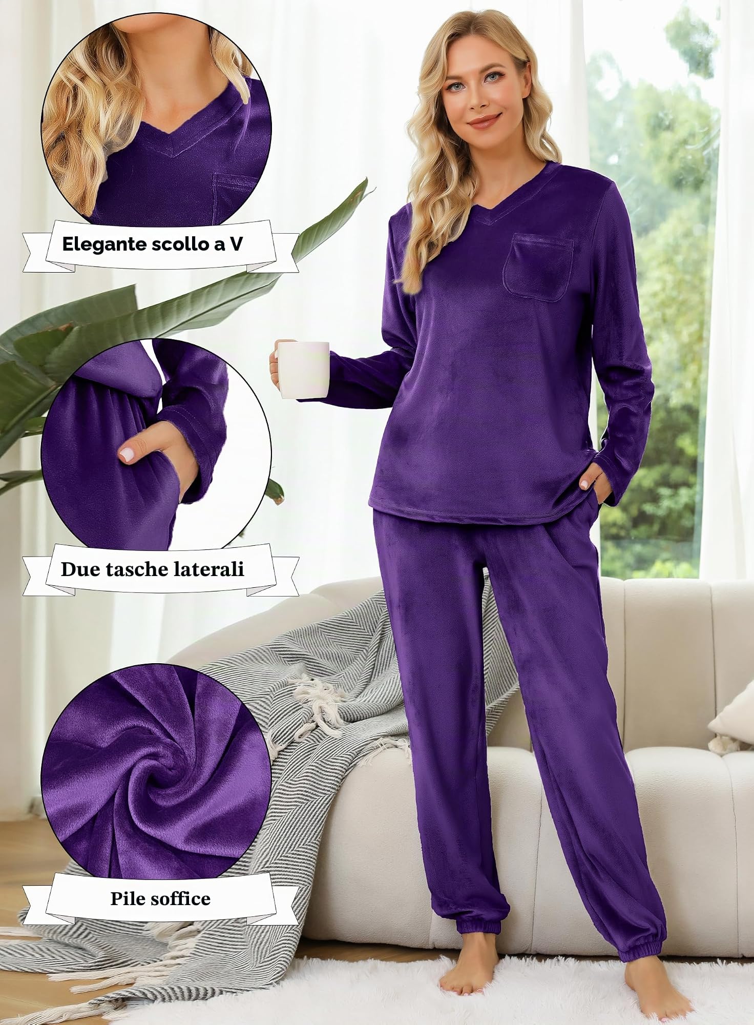 Lovasy Pigiama Donna in Pile Invernale Caldo Morbido e Confortevole | Pigiama a Maniche Lunghe con Scollo a V Set Pigiami Due Pezzi Leggero con Tasche