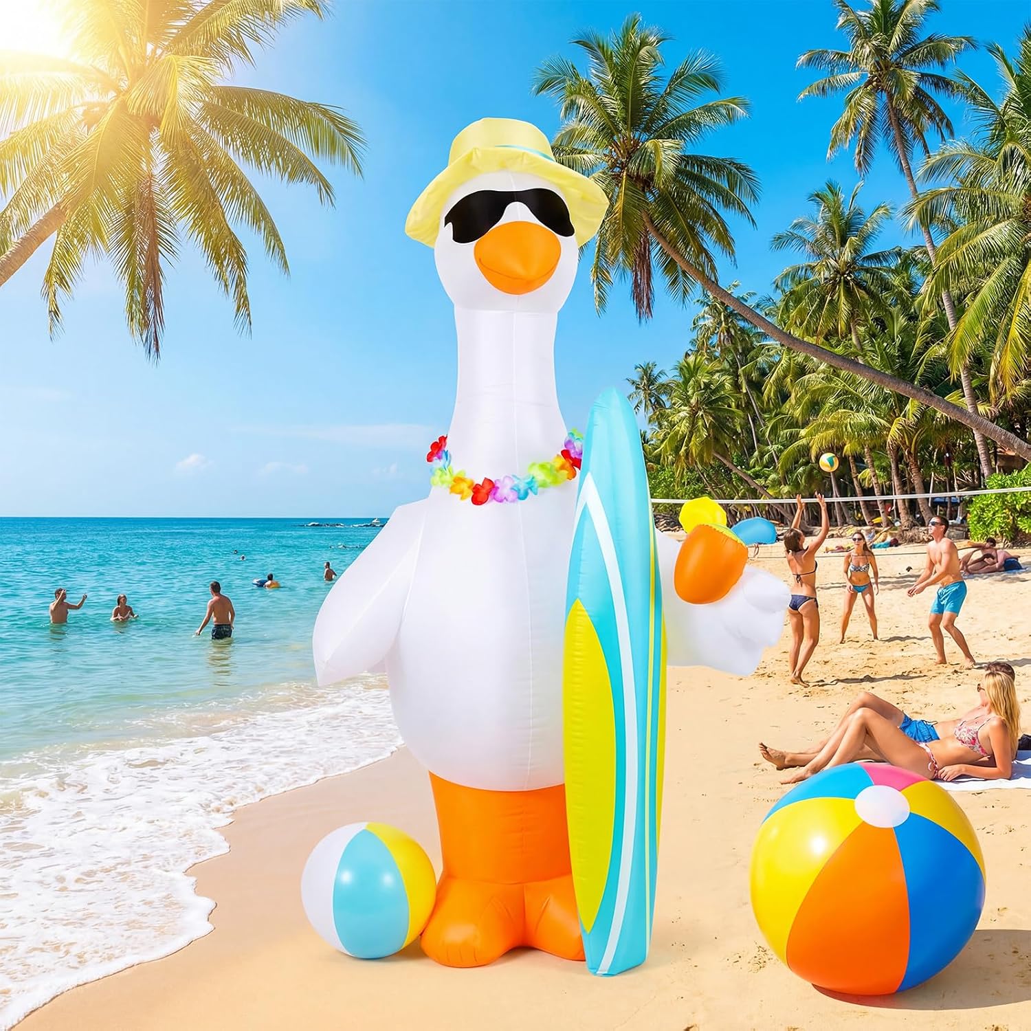 Hungdao 6 ft Summer Inflatable Outdoor Decorations Giant Inflatable Goose with Built-in LED Light Surfboard Beach Ball Blow up Goose Party Favors for Indoor Outdoor Lawn Yard Garden Decor