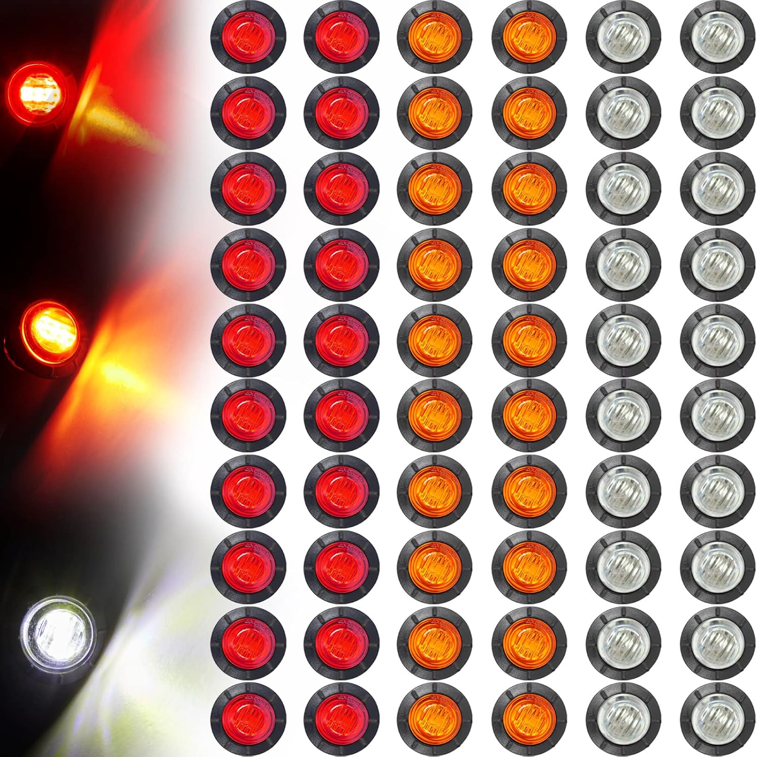 Tuanse 60 Pack Trailer Lights Bulk 3/4 Inch LED Marker Side Button Indicator Chicken Lights Front Rear Turn Signal Round Lamp Waterproof for Truck, Boat, RV, Van, Pickup, ATV 12V DC, Amber Red White