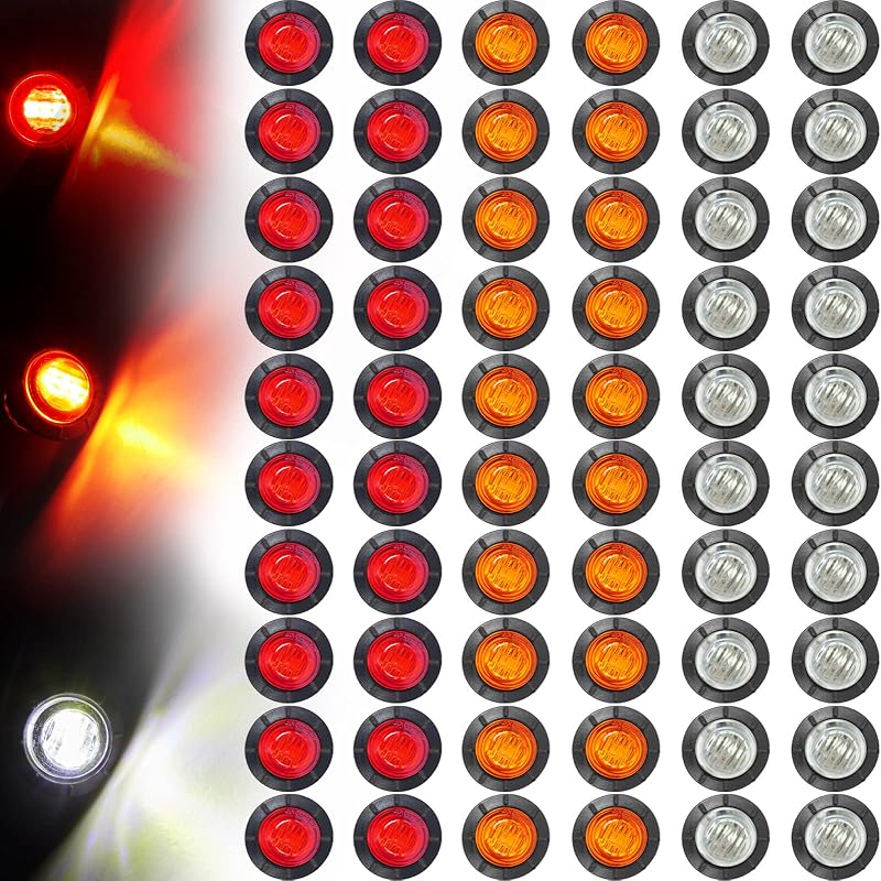 Kit com 60 luzes LED laterais redondas Tuanse 12 V para reboque, caminhão e trailer – Âmbar, vermelho e branco