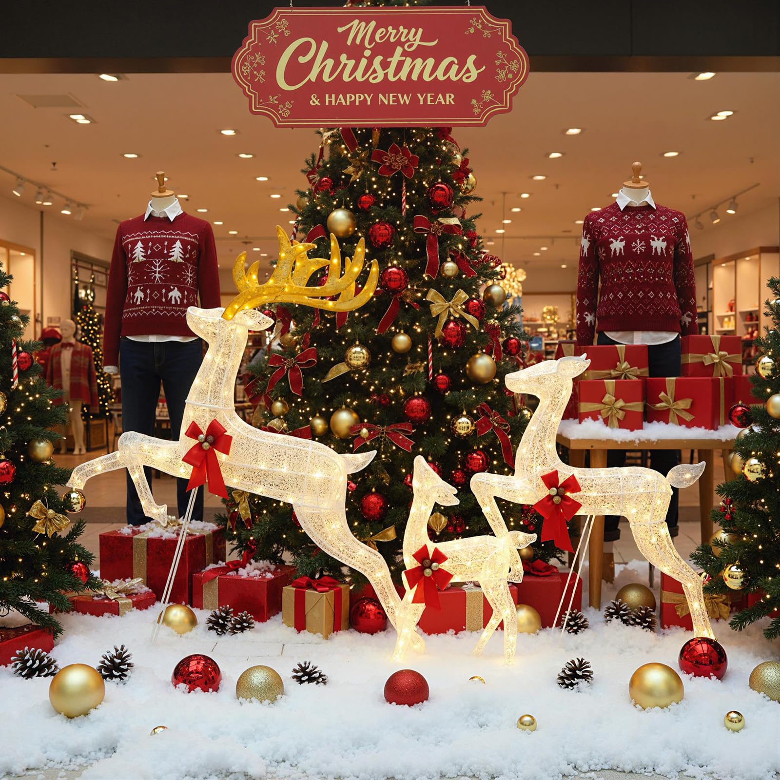 COSTWAY 3 teiliges LED Rentier Familie groß, beleuchtete Weihnachtsdeko XXL, Weihnachtsfigur mit 330 warmweißen Lichtern & Schleifen, Weihnachtsbeleuchtung, Weihnachtsdekoration für Außen & Innen