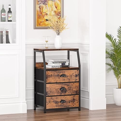 Miniatura 8 de Furnulem Mesita de noche con 3 cajones y estante de 2 niveles, organizador de cómoda pequeña de tela, torre de almacenamiento vertical para Marrón