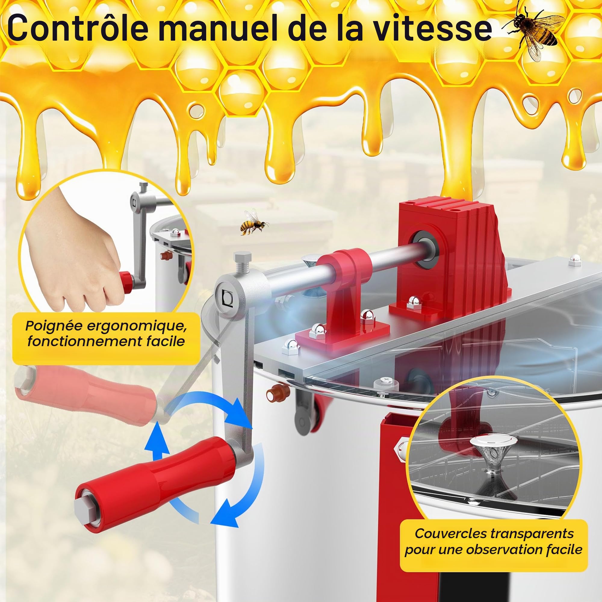 LZQ Extracteur de miel manuel en acier inoxydable pour 4 cadres, extracteur de miel centrifuge à manivelle, extracteur de miel pour apiculture, réglable en hauteur, accessoires pour l'élevage des