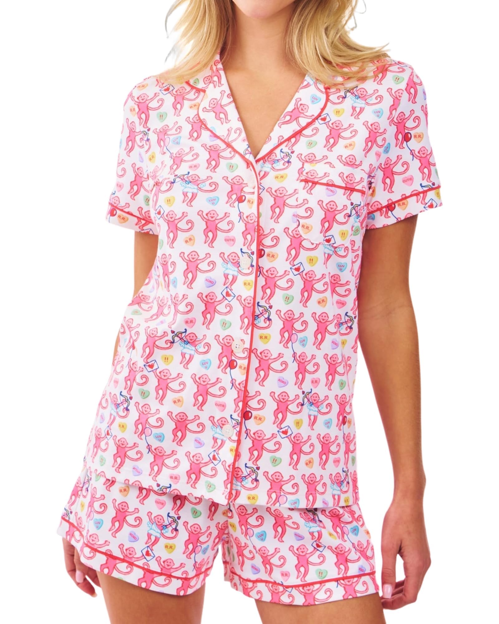 Women Y2k Pajamas Set Cute Preppy 2PCS Button Down Holiday Monkey Shorts Summer Outfit Beach Vacation Loungewear Pjs