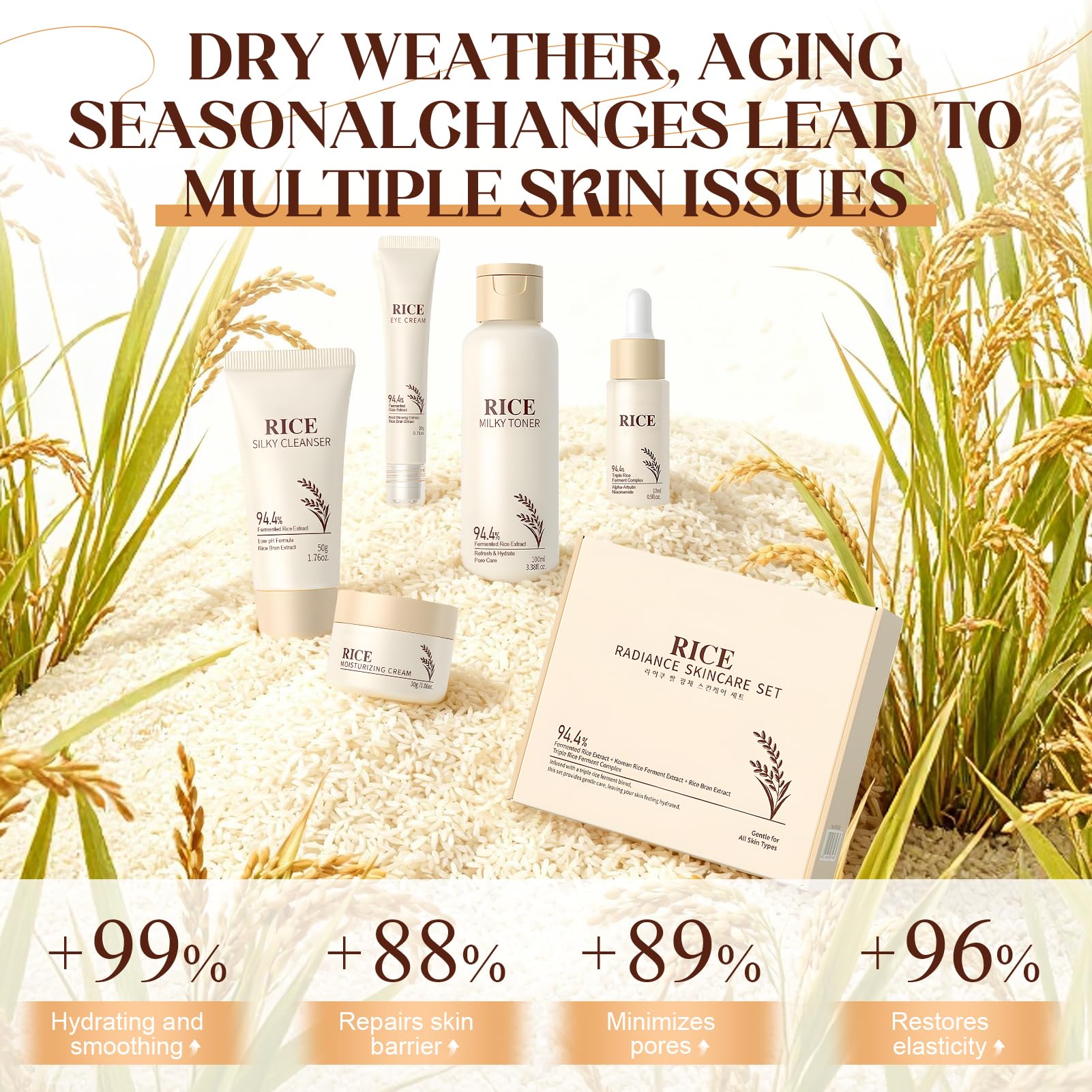 9 sztuk Rice Skincare Kit, Koreański zestaw do pielęgnacji skóry, Rice Pielęgnacja twarzy dla kobiet z środkiem do mycia twarzy, koreańskie maski, toner ryżu, kremy do twarzy dla kobiet, kontur oczu