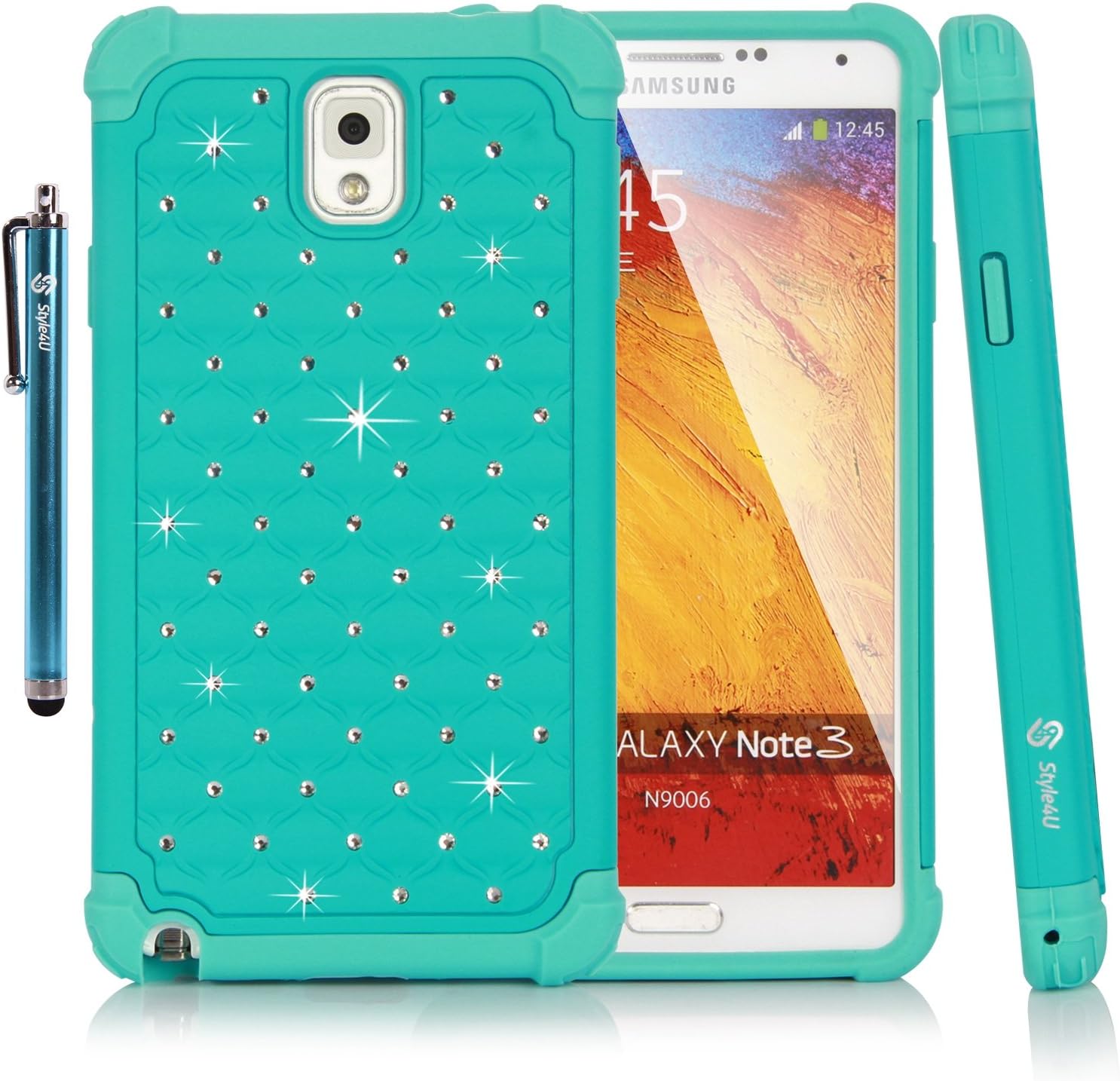 Style4U Galaxy Note 3 Case, Studded Rhinestone Crystal Bling Hybrid Armor Case Cover for Samsung Galaxy Note 3 N9000 N7200 with 1 HD Screen Protector and 1 Stylus [Teal/Mint Green]