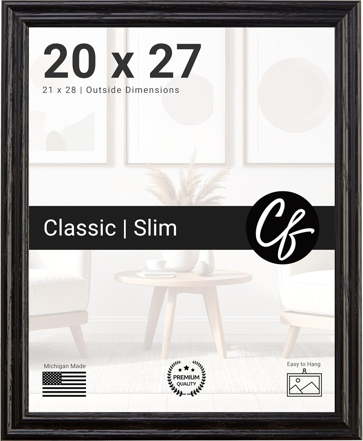 Craig Frames 20x27 Black Wooden Picture Frame with Clear Plexiglass for Wall Display, Puzzles, or Posters