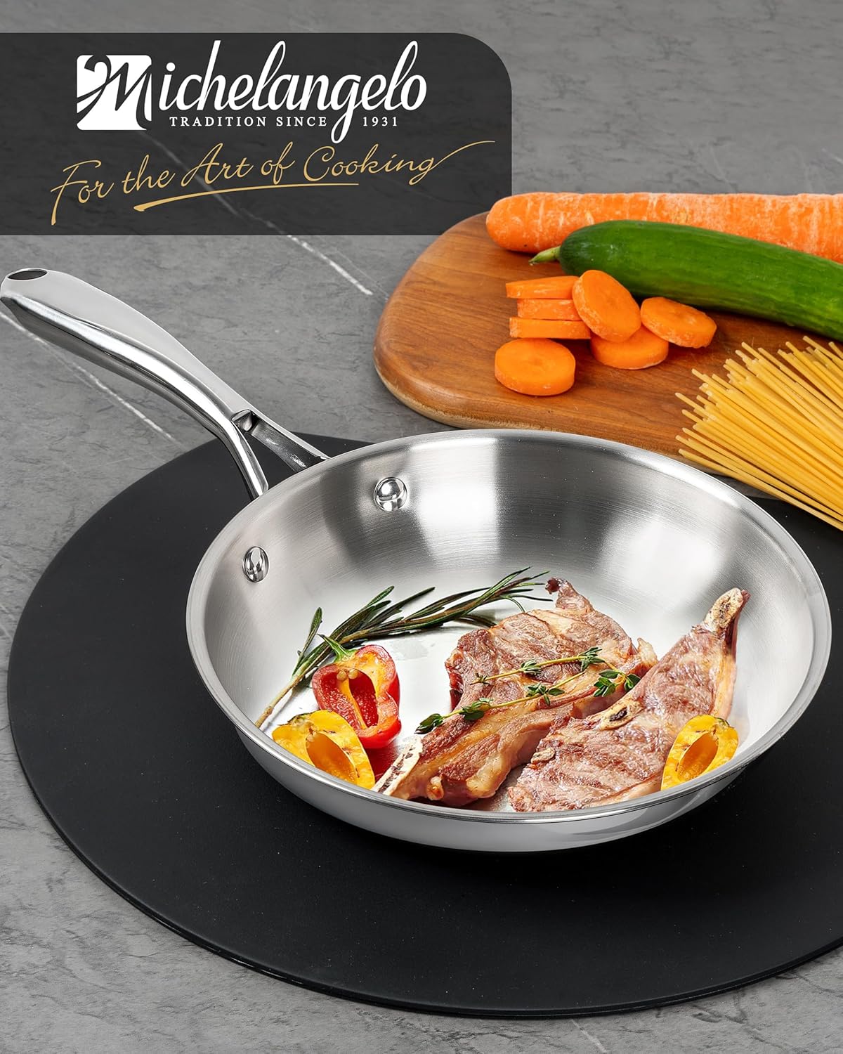 MICHELANGELO Stainless Steel 8 inch Frying Pan, Small Skillet with Triply Base, Stainless Steel Pan with Ergonomic Handle, Induction Compatible