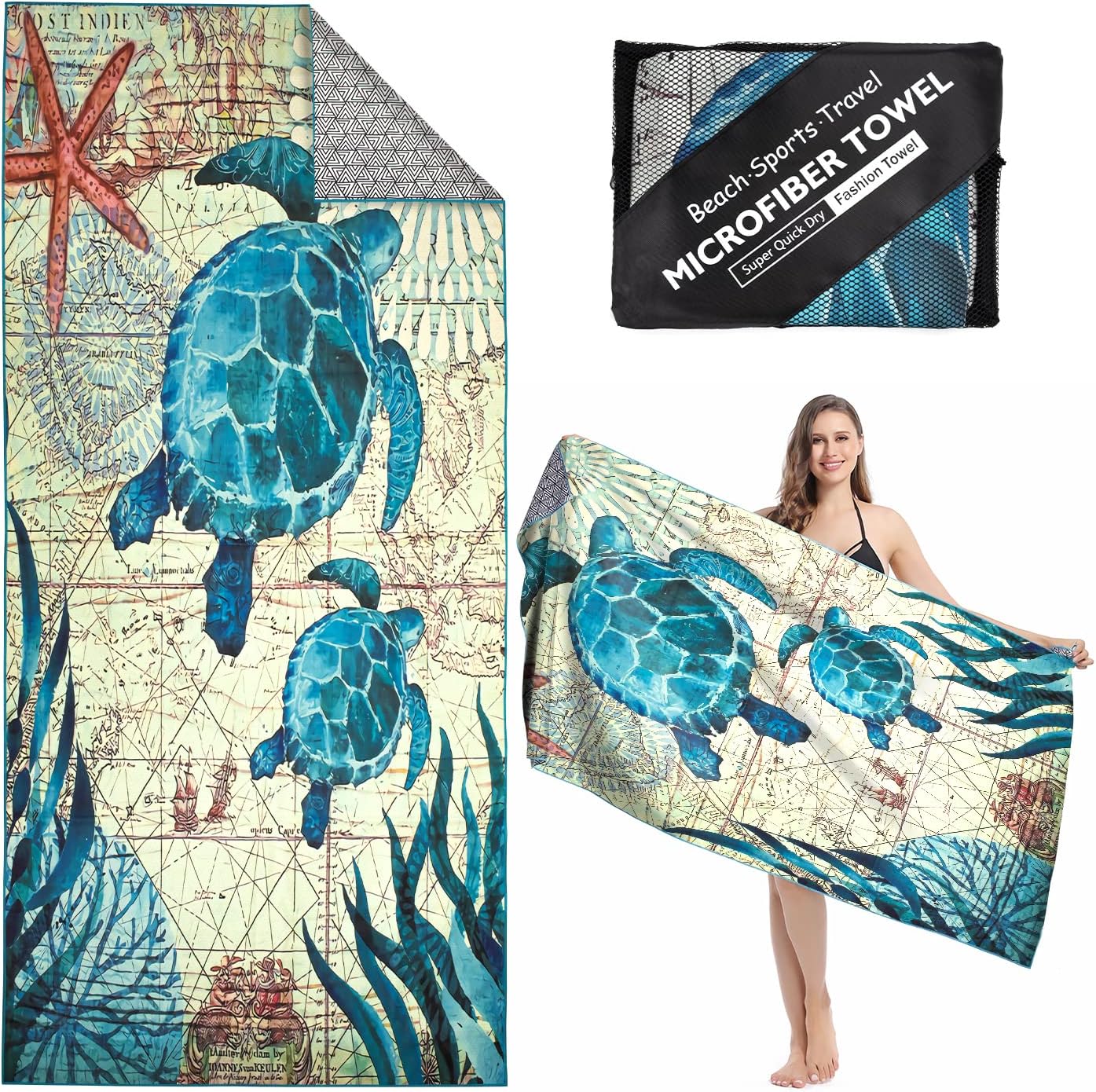 BafiwuMicrofibre Beach Towel, 71"x32" Oversized Extra Large Beach Towel for Adult, Quick Dry Sand Free Travel Pool Towel for Camping Swimming Sports Gym (turtle)