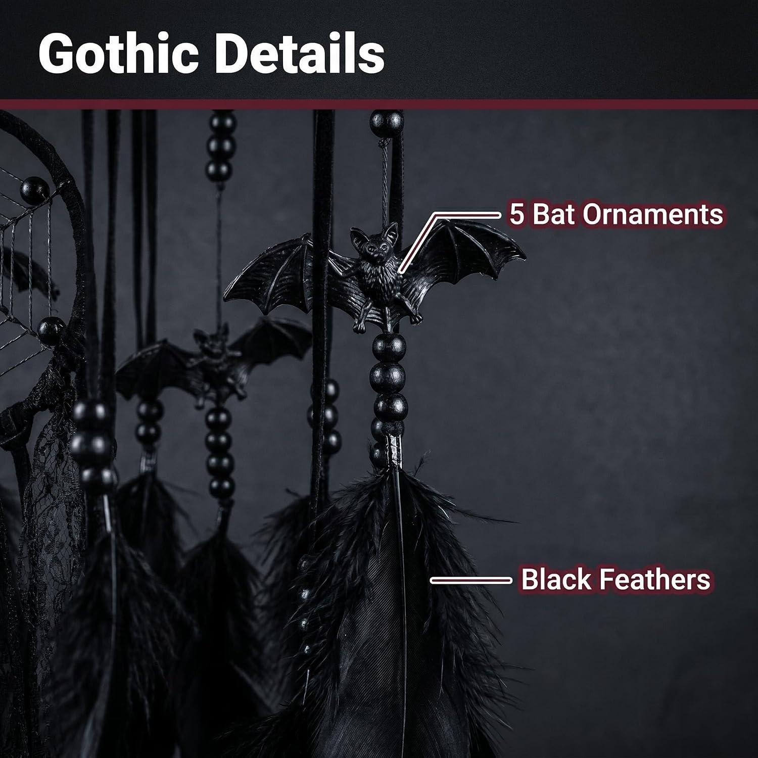 Halloween Gothic Black Dreamcatcher with 5 Bat Ornaments - Wall Hanging for Witchy Home Outdoor Decor, Halloween Bat Decor, Dark Gothic Gift, Goth Wall Hanging Decor