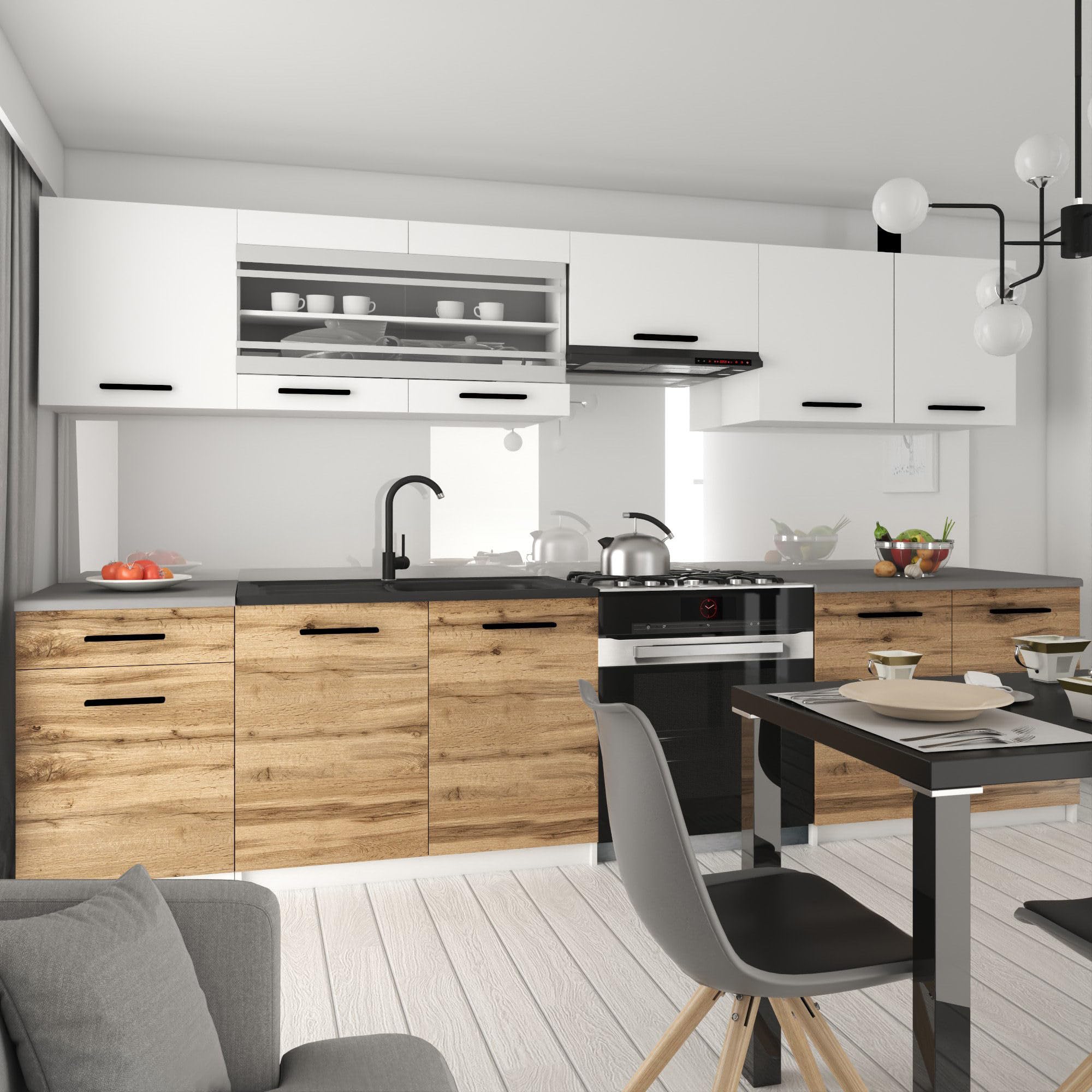 Belini Italia 4 Liniowa szafka kuchenna 260 cm biało-brązowy złoty | ECONATURA DECOR Liniowa szafka kuchenna, szafka, bez sprzętu AGD, z blatem roboczym