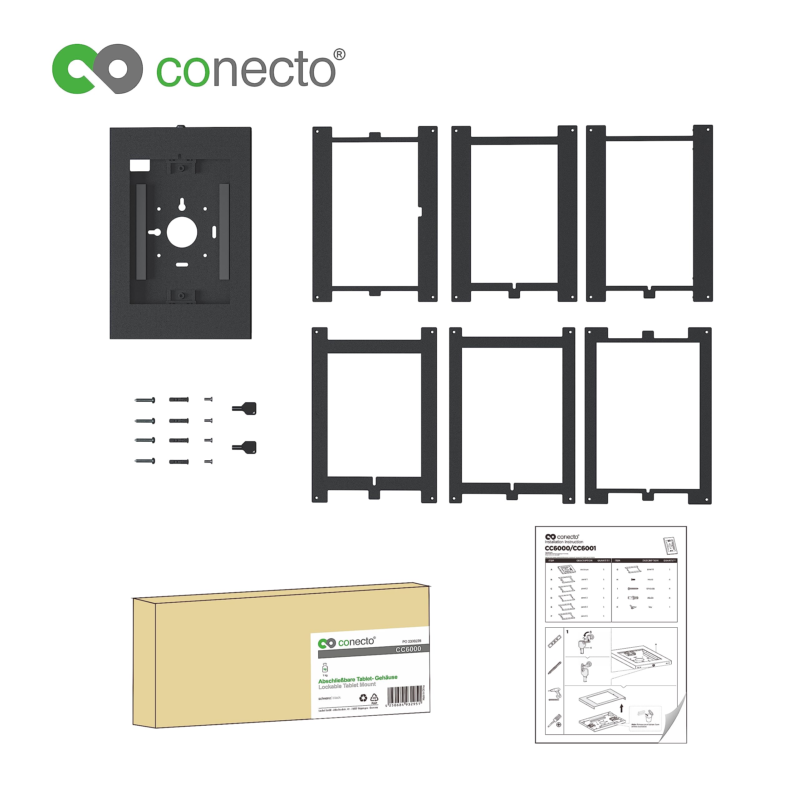 conecto Soporte de Pared para Tablet, Carcasa de Acero para Tab A 10.1 (2019)/ Tab A7/ S6 Lite 10.4/10.5"/11 y iPad 5/6/7/8/9/ iPad Air 9.7"/ 10.5"/10.9" / iPad Air 9.7"/10.5"/11, Negro