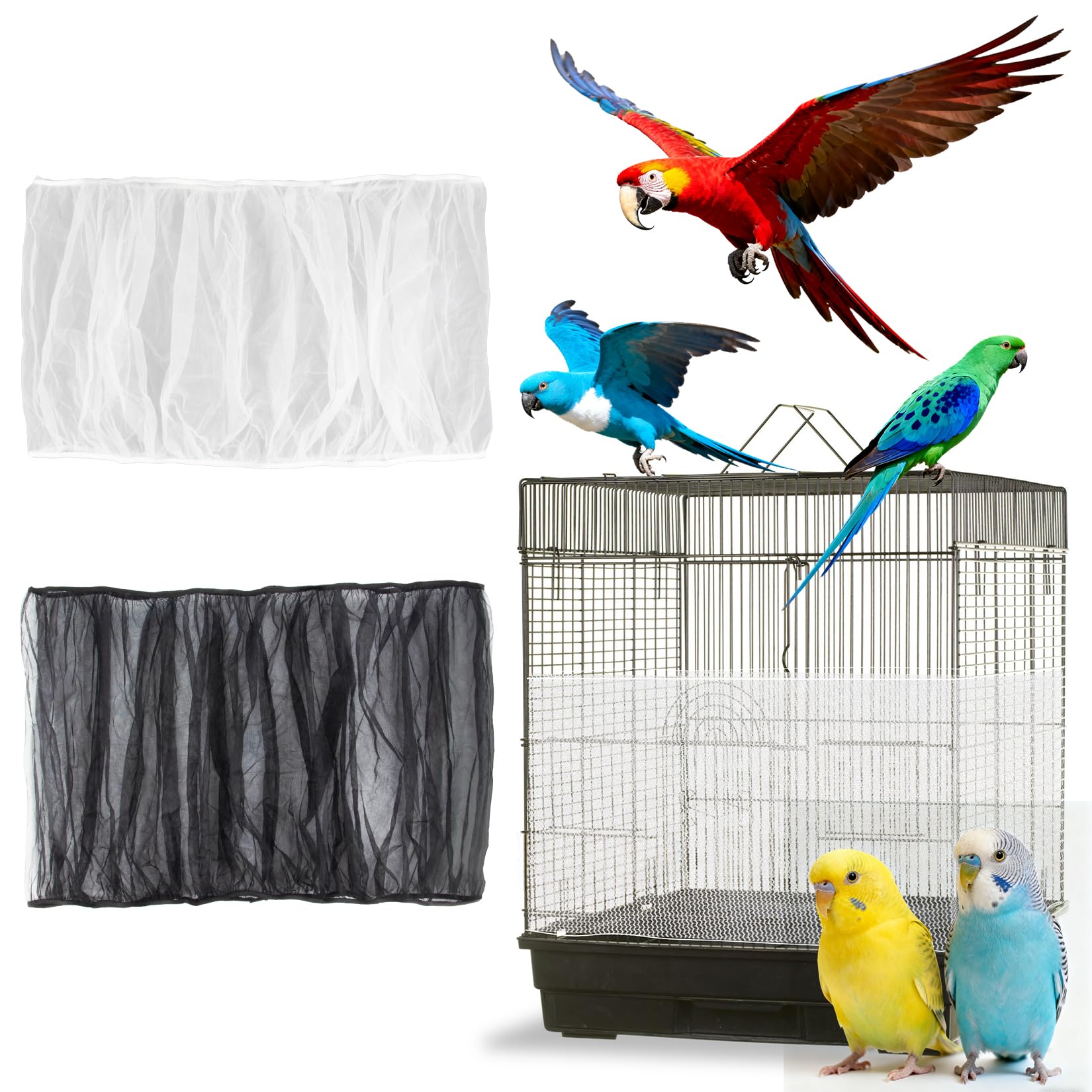 RAINFLOW 2 Pcs Bird Cage Cover - Bird Cage Seed Catcher Bird Net Bird Cage Skirt Nylon Nesh Bird Cage Net for Round Square Canary Parakeet Cockatiel Pigeon Budgie Quail Large Tall Big Bird Cage