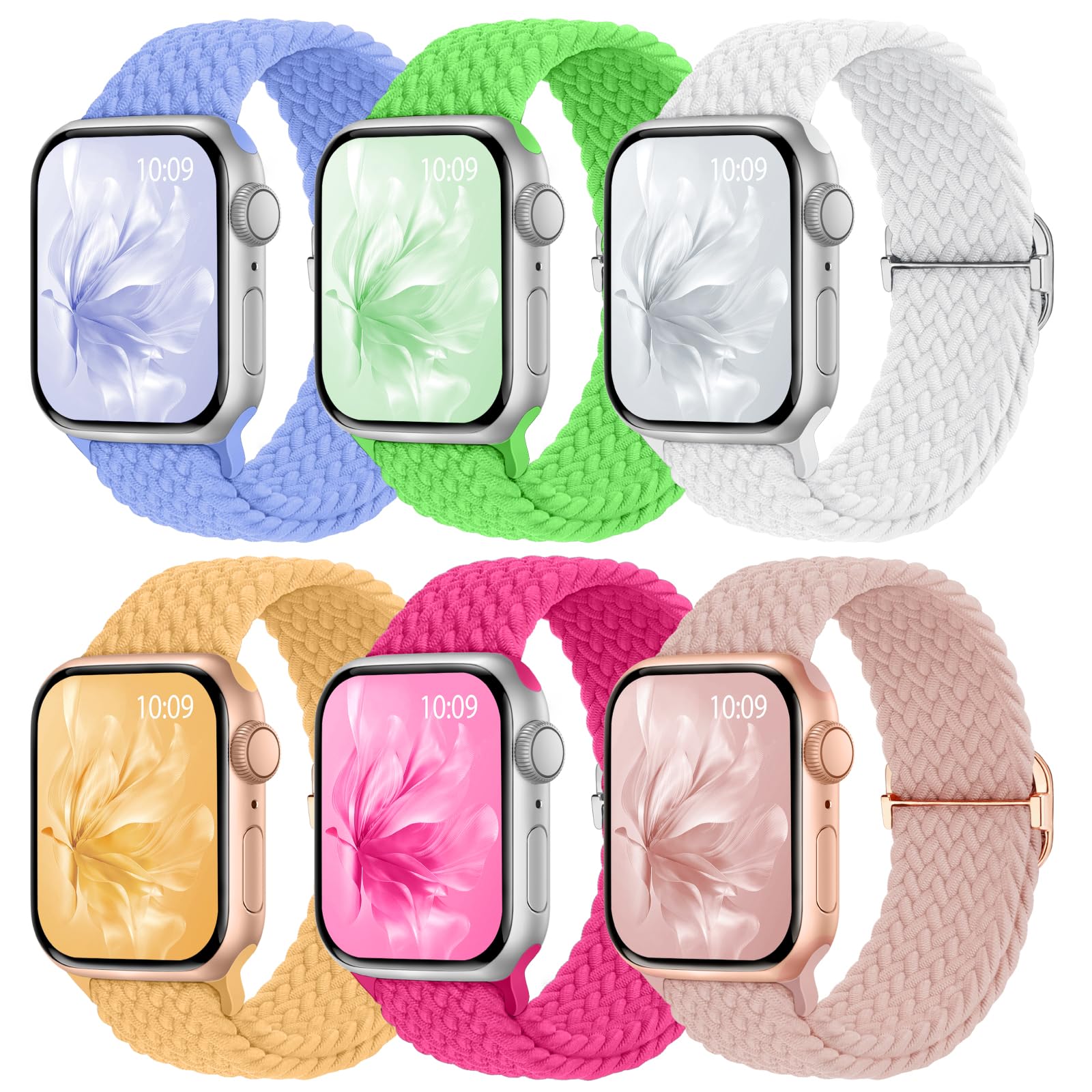 6 Pack Braided Stretchy Bands Compatible with Apple Watch Band 38mm 40mm 41mm 42mm 44mm 45mm 46mm 49mm Women Men, Adjustable Nylon Solo Loop Elastic