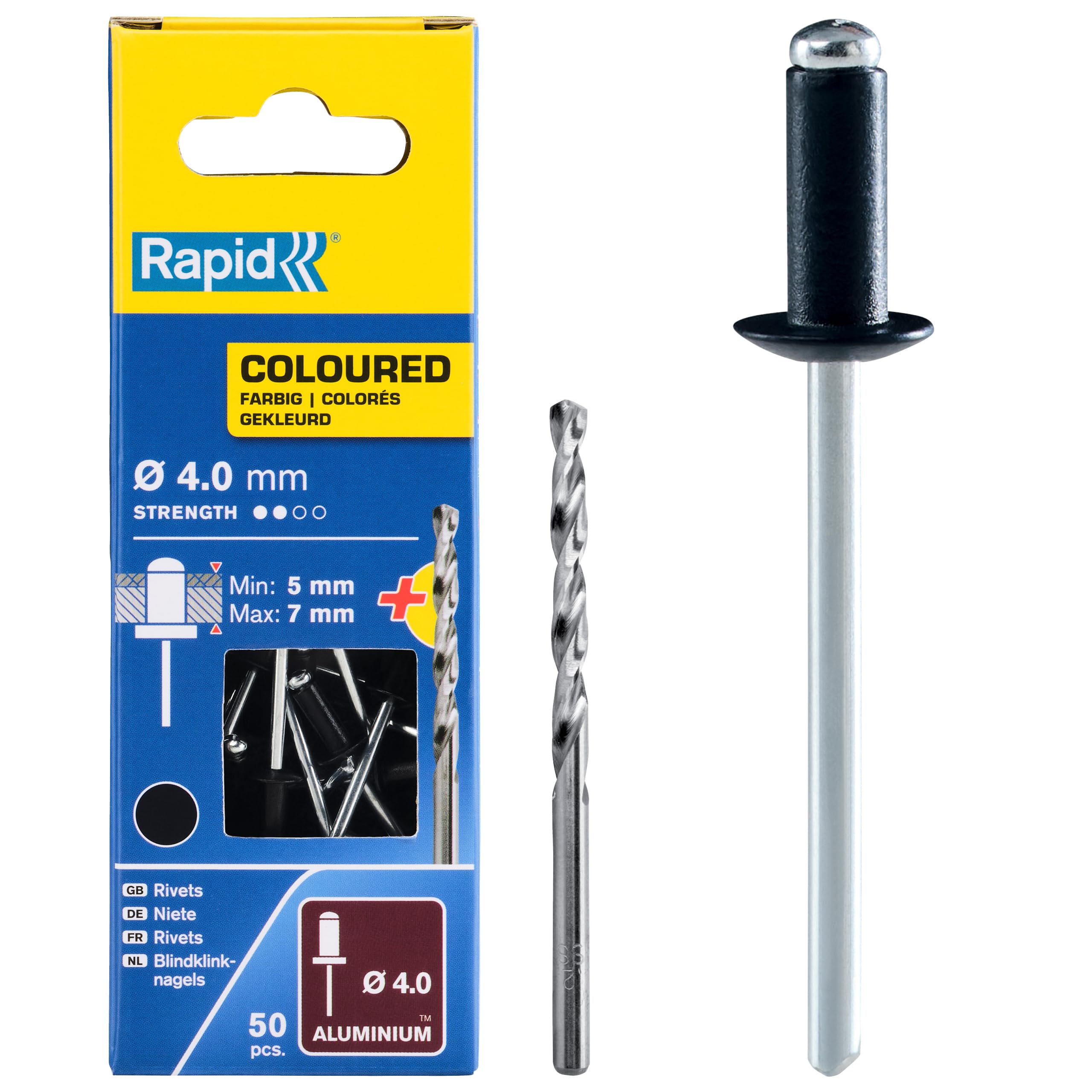 Rapid Black High Performance Aluminium Rivets, Ø4 X 10 Mm - 4Mm Rivets For Gutters, Piping, And Sheet Metal - Includes Drill - 50 Pieces, Carton Boxed (5001466)